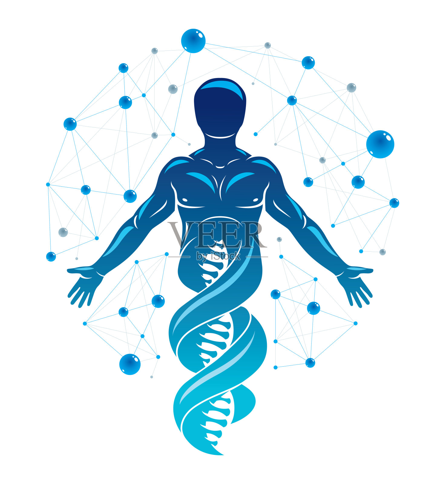 矢量图形插图的人类作为DNA链的延续，个性创造与网格线框连接。生物化学科学研究。插画图片素材