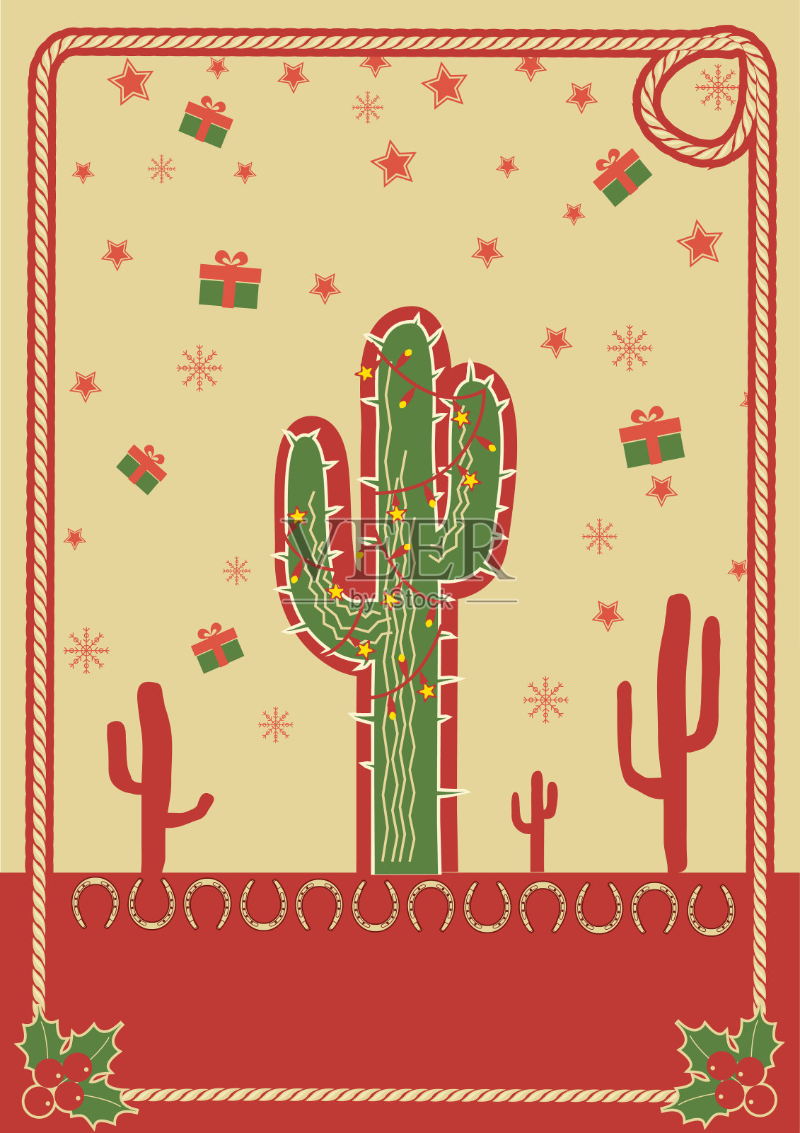 牛仔圣诞海报与仙人掌和绳子框架为文本插画图片素材