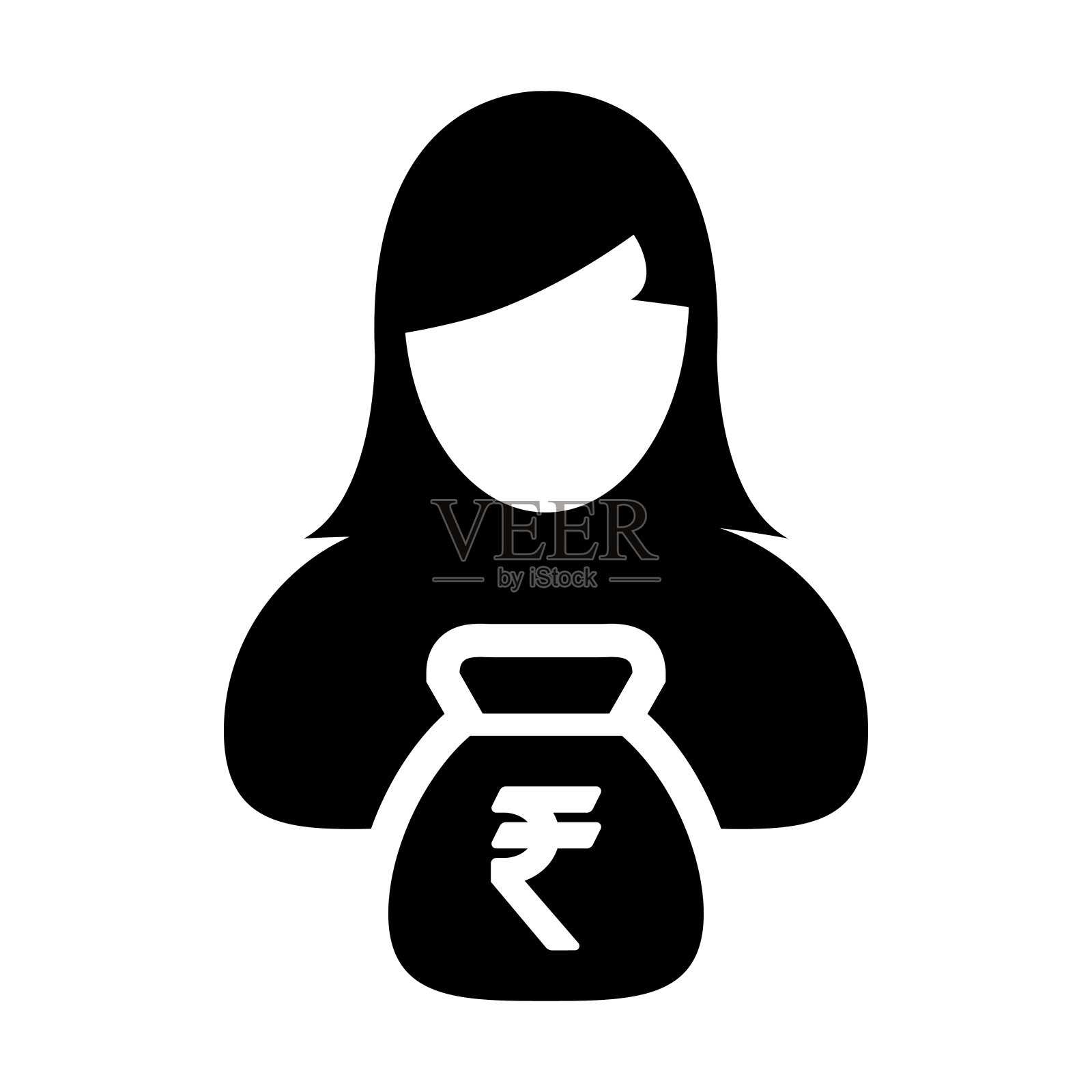 印度卢比符号图标向量人女性符号阿凡达与商业金融和银行储蓄帐户的钱袋在象形图设计元素图片