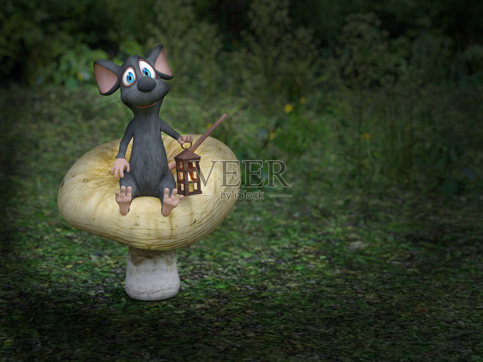 一个卡通老鼠坐在童话蘑菇的3D渲染。照片摄影图片