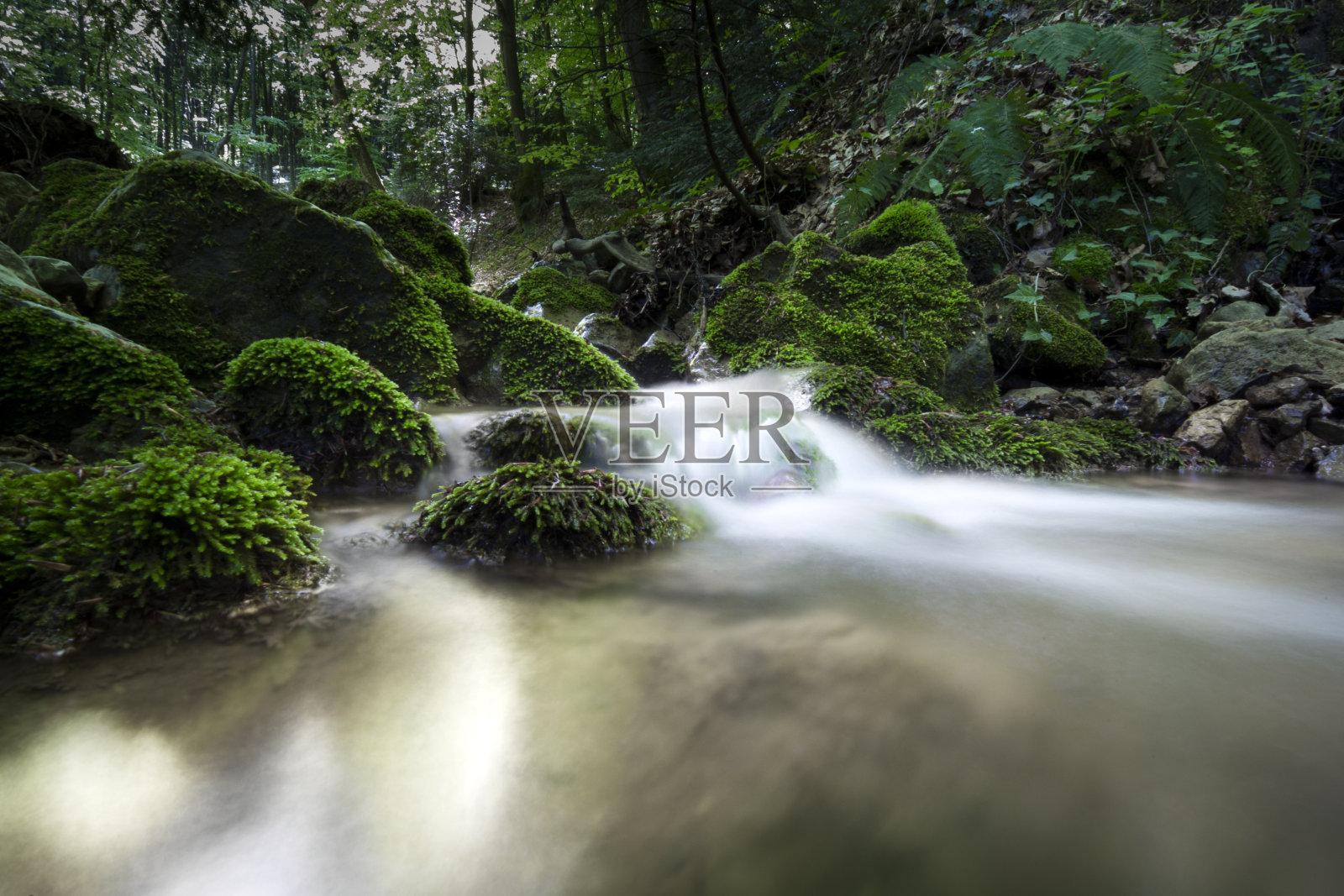 瀑布河流，森林树木，大自然春天的绿色超现实美丽照片摄影图片
