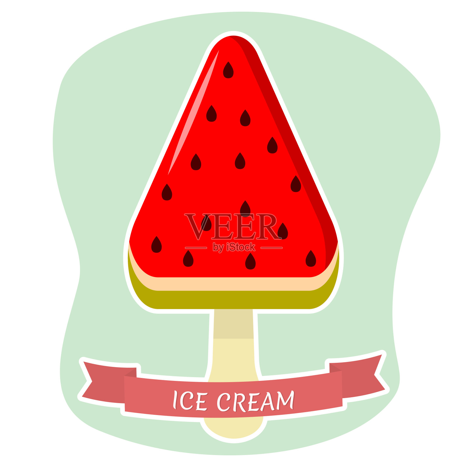冰淇淋上的棒状扁平图标在白色描边与红色丝带的背景插画图片素材