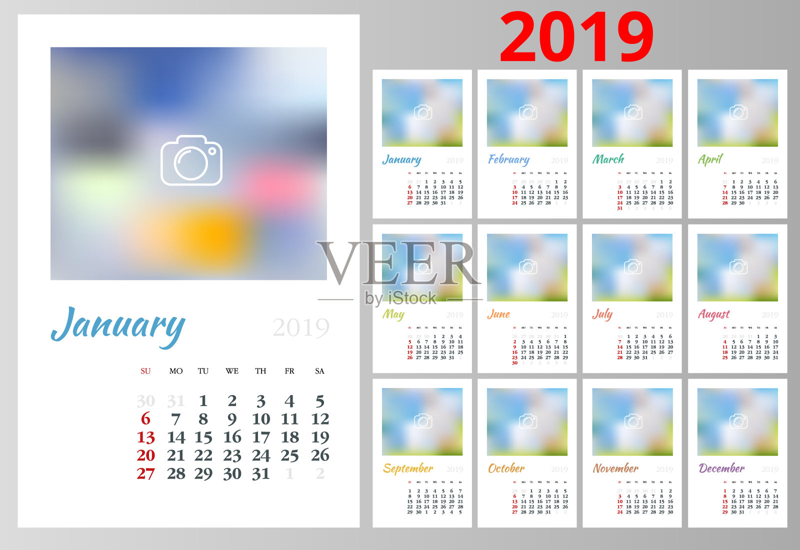 日历计划2019年。矢量文具设计打印模板与地方的照片，您的标志和文本。肖像取向。一套12个月。设计模板素材
