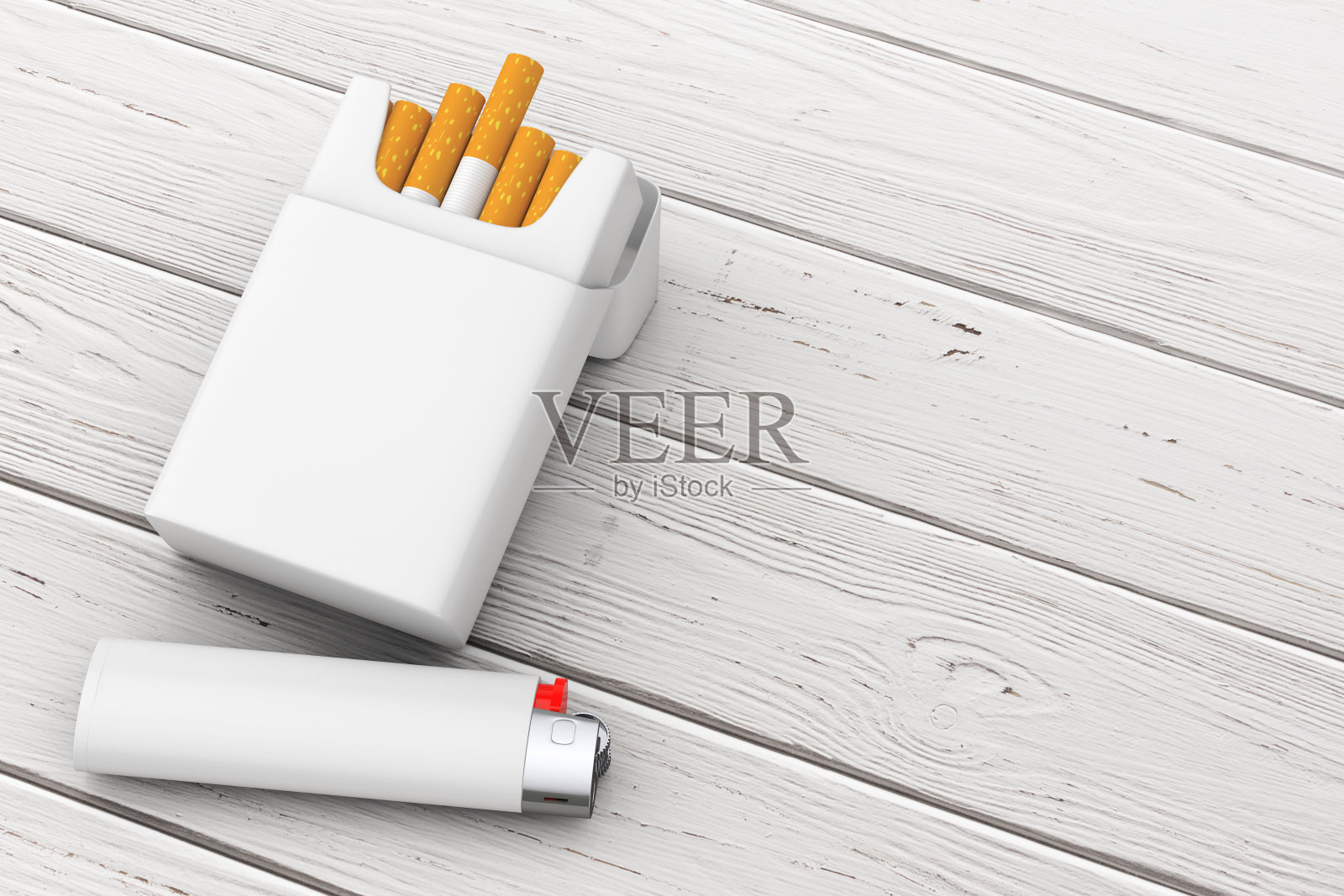 白色口袋打火机靠近模型空白香烟包装。3d渲染照片摄影图片