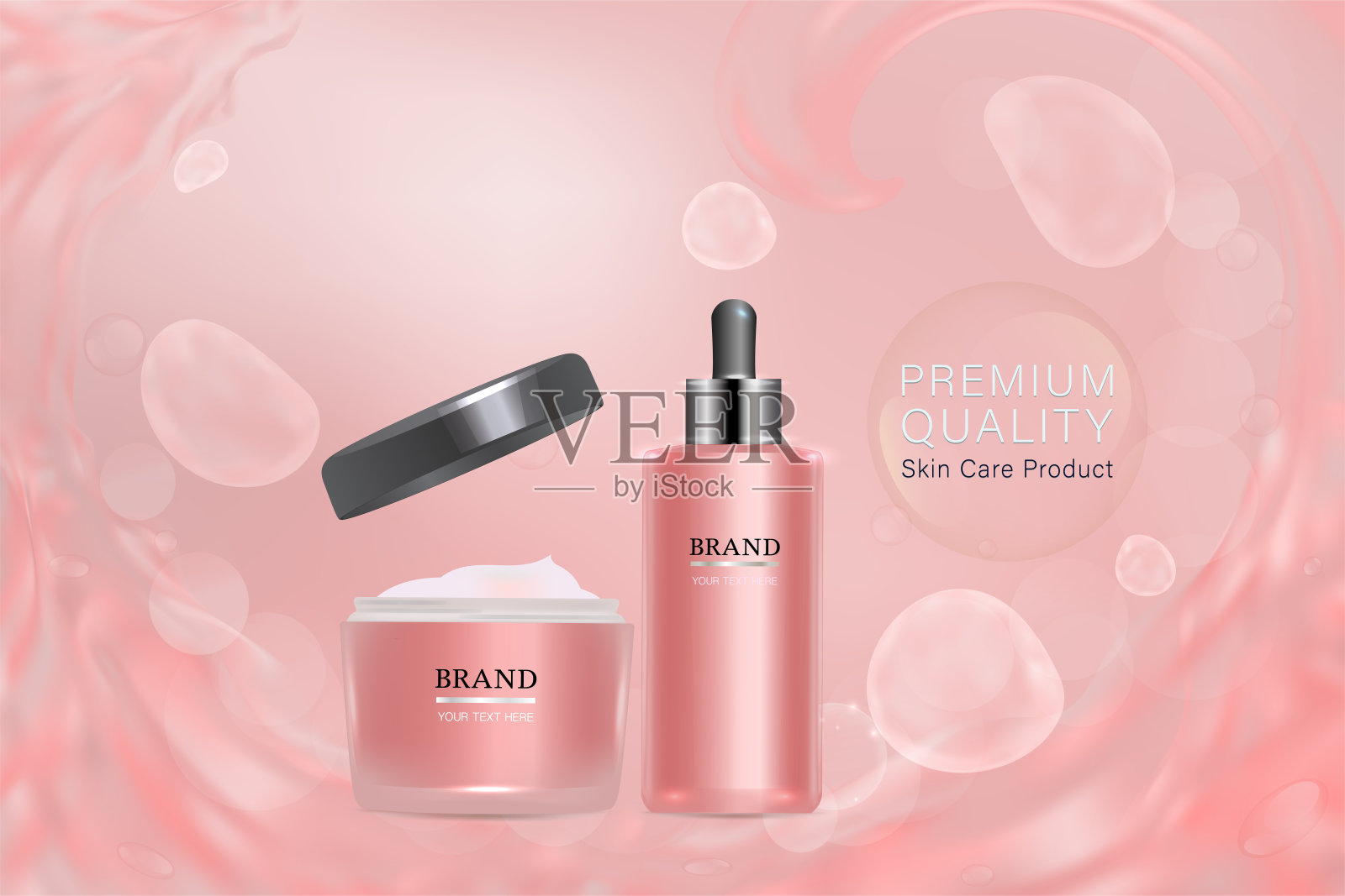 粉色化妆品容器与广告背景随时可用，液体喷溅护肤广告设计模板素材