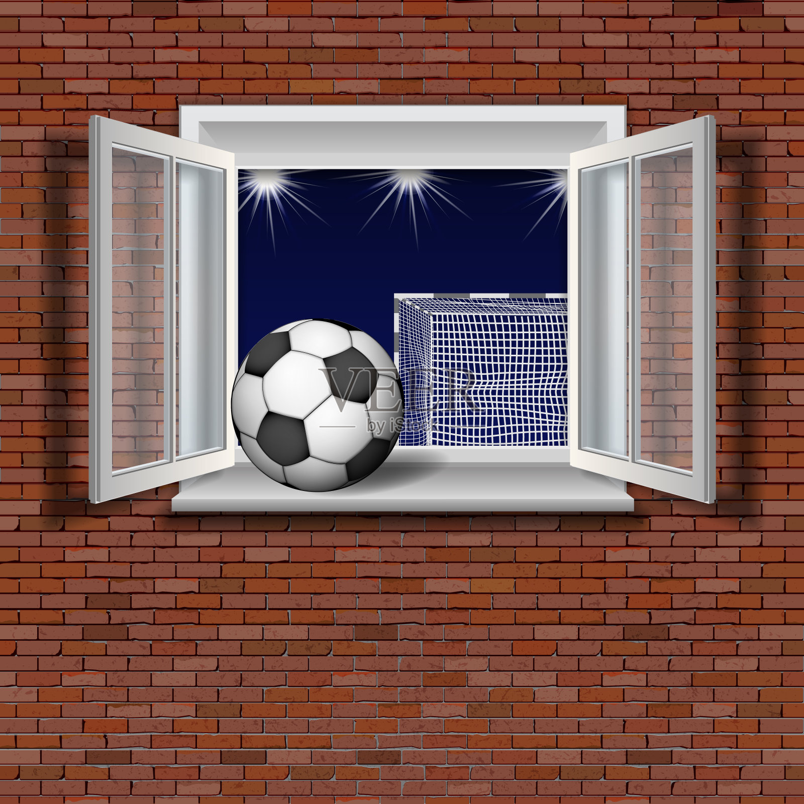 窗户的墙上有一个足球插画图片素材