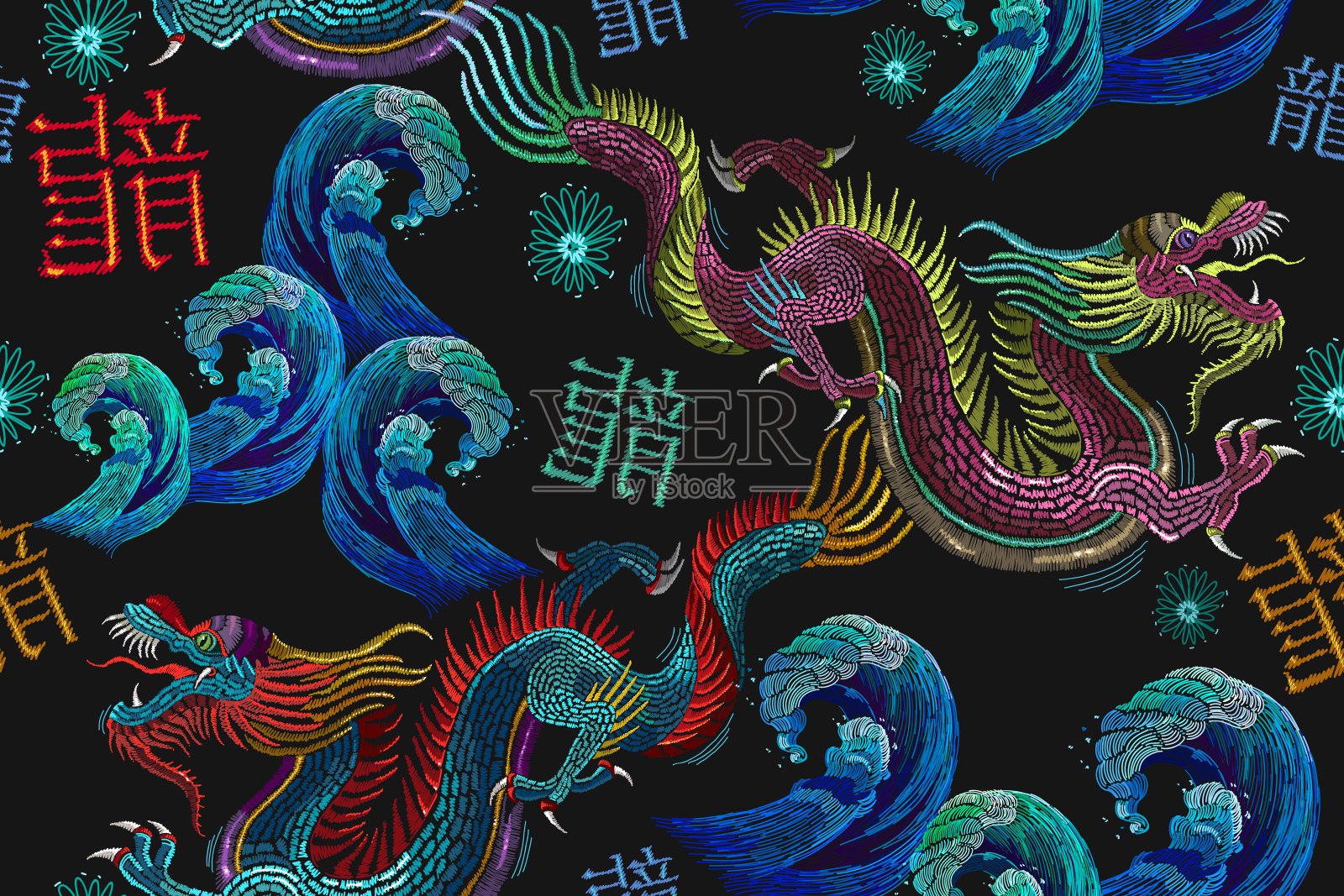 刺绣中国龙海无缝图案。艺术龙t恤设计。服装、纺织品设计模板。古典刺绣亚洲海龙和海无缝图案插画图片素材