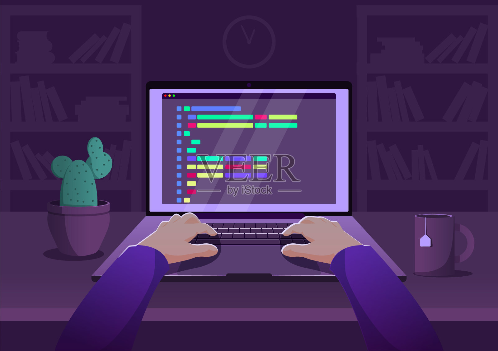 男人程序员工作在电脑上与屏幕上的插图代码。程序员编写代码插画图片素材
