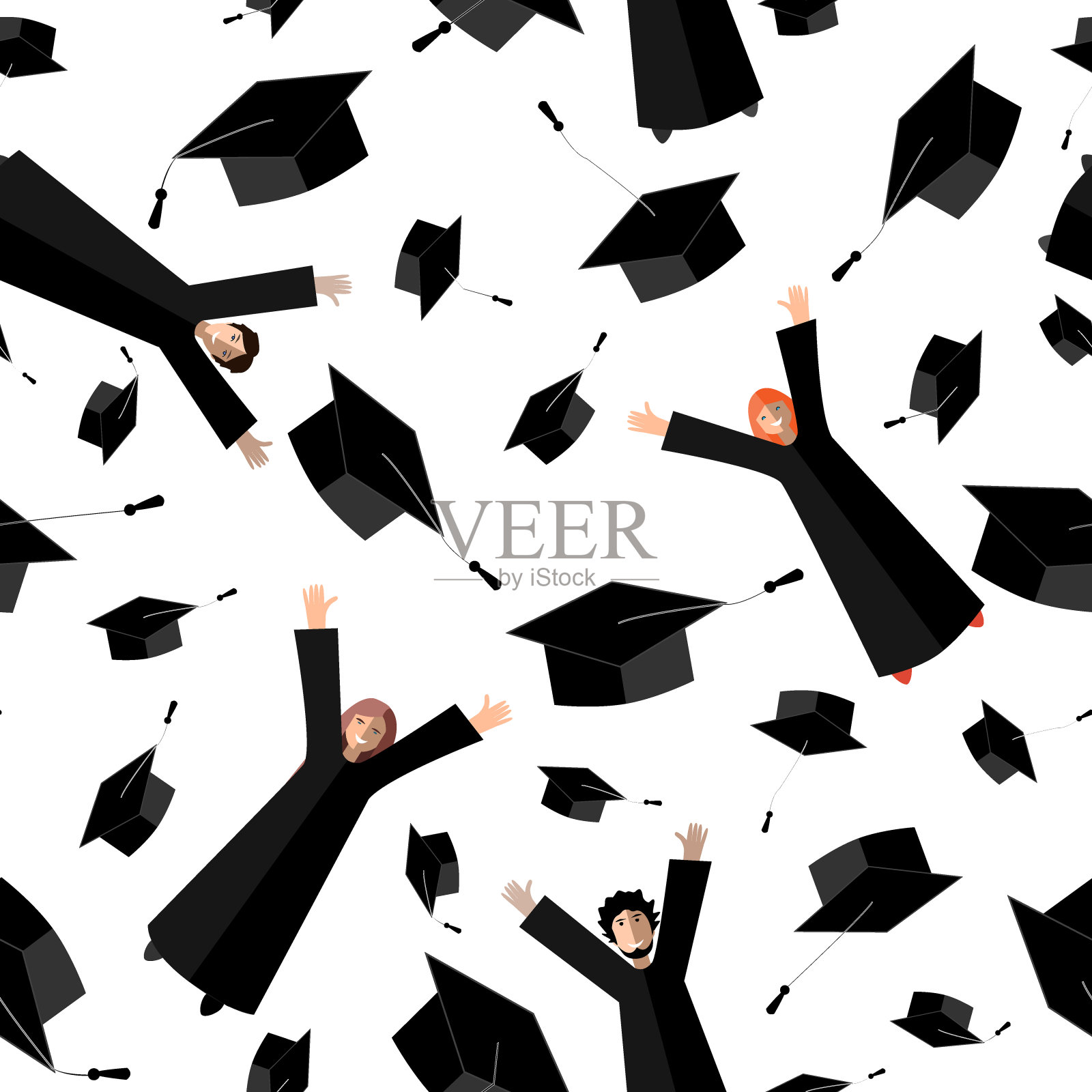 快乐的毕业生戴着毕业帽在空中飞翔。插画图片素材