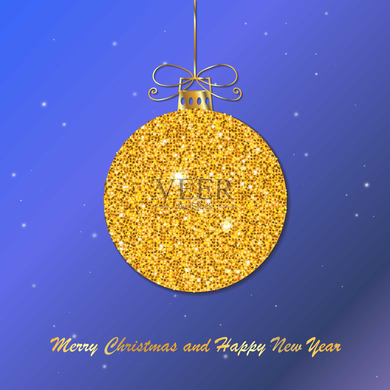 金色圣诞球与线弓。冷杉树的节日圣诞玩具。带有许多小圆的球，在蓝色背景上具有孤立的光效果。矢量图. .插画图片素材