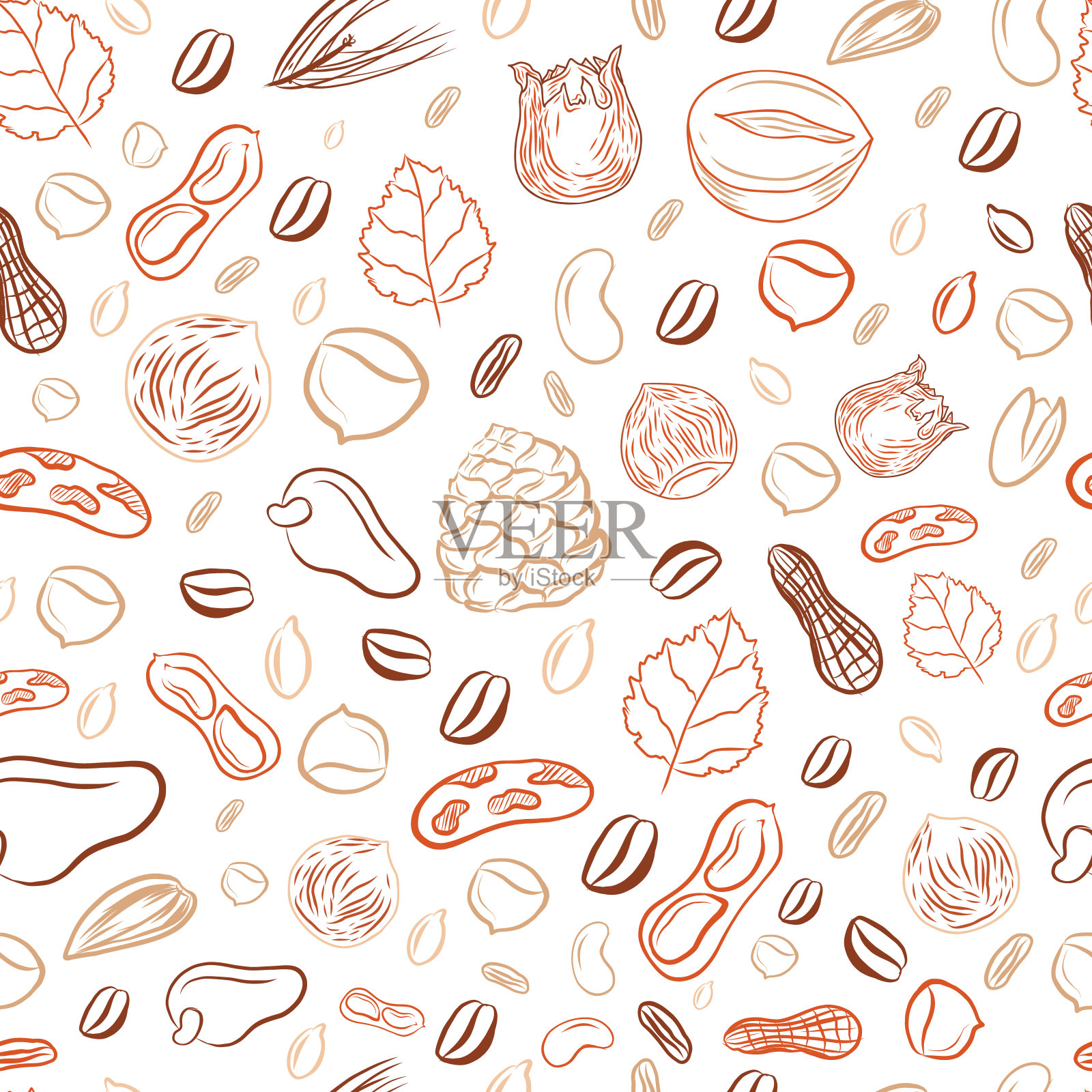 线条艺术坚果无缝图案在棕色秋季颜色与榛子，胡桃，松子，山核桃，花生。健康手绘小吃收集标志，图标设计插画图片素材