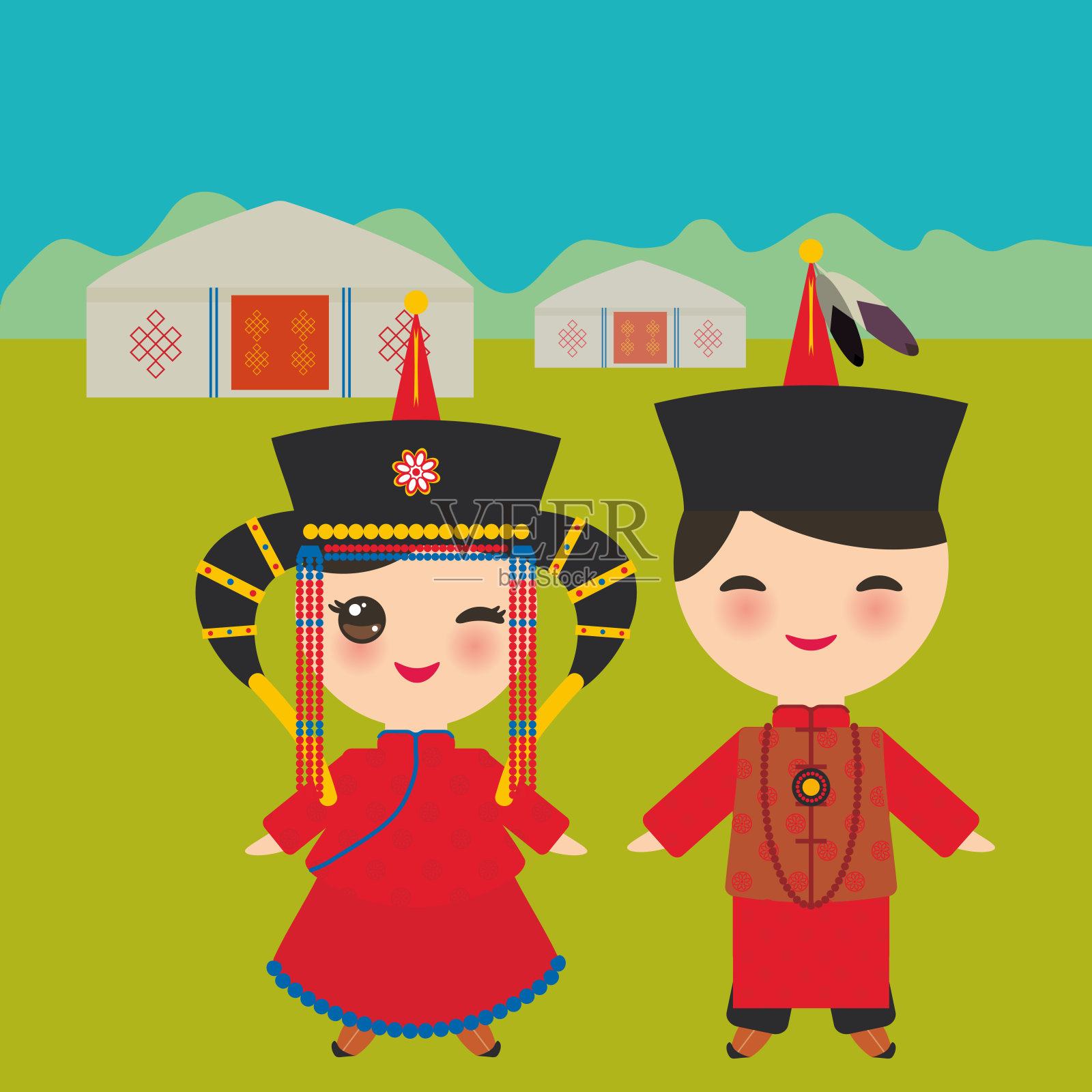 蒙古男孩和女孩穿着红色的民族服装和帽子。穿着传统服装的卡通儿童。景观草原，高山，天空，家庭帐篷。向量插画图片素材