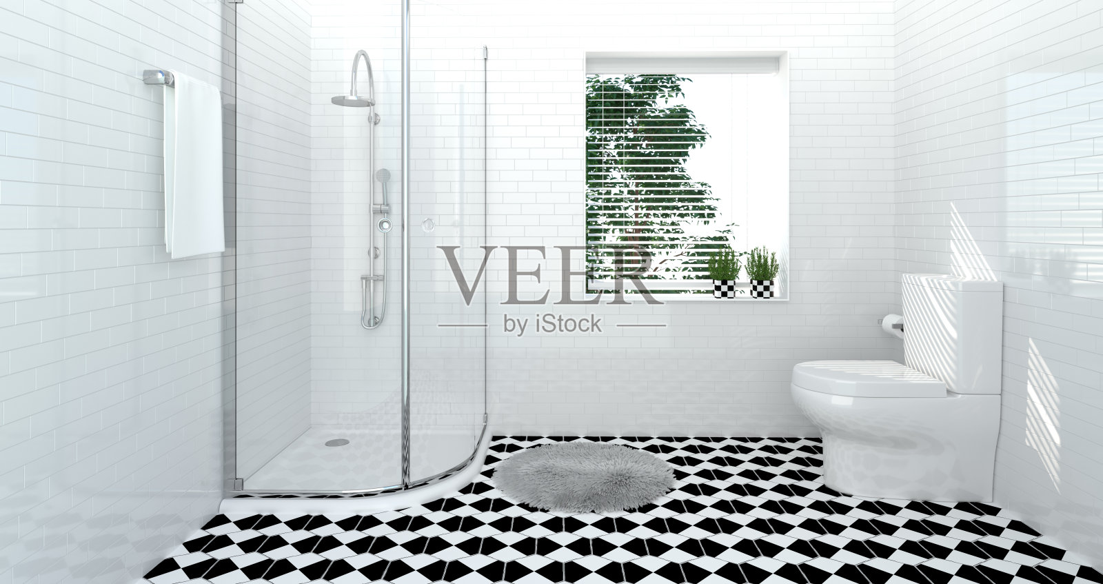 浴室内部，卫生间，淋浴，现代家居设计3D插图复制空间背景白色瓷砖浴室照片摄影图片