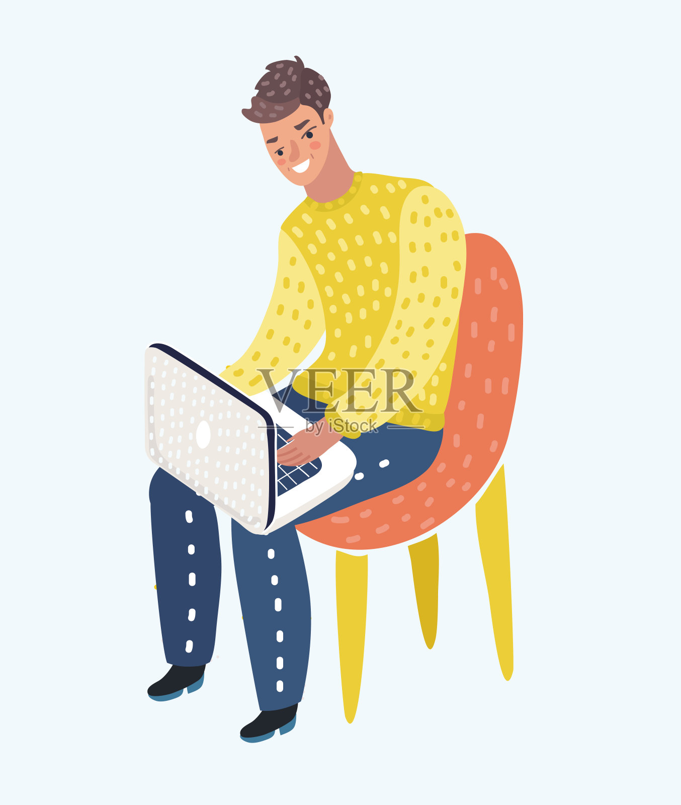 男人坐在家里舒适的扶手椅上，浏览或工作在膝上的笔记本电脑。插画图片素材