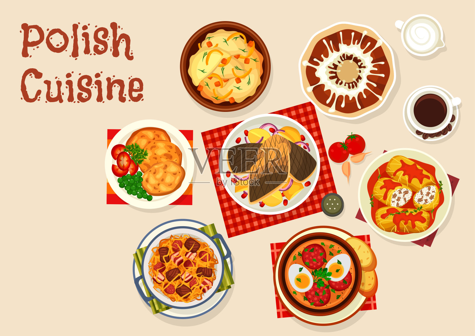 波兰菜的图标与肉和蔬菜的菜肴插画图片素材