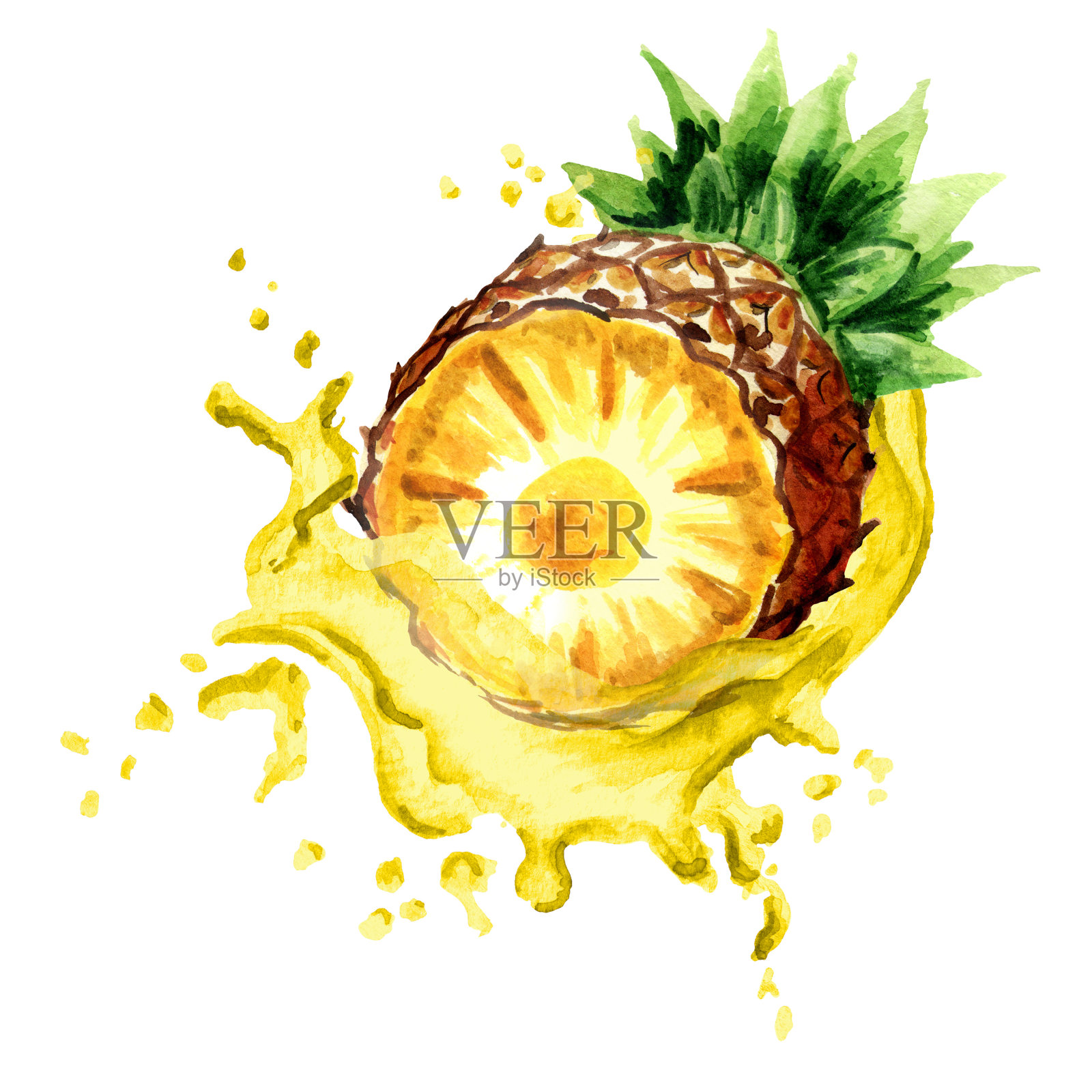 成熟的菠萝在溅菠萝汁孤立的白色背景。水彩手绘插图插画图片素材