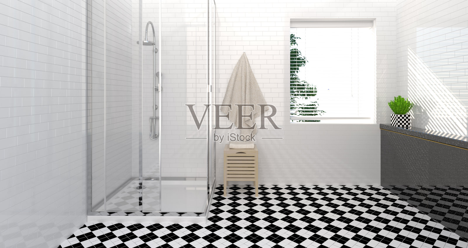 浴室内部，卫生间，淋浴，现代家居设计清洁墙3D插图复制空间白色背景照片摄影图片