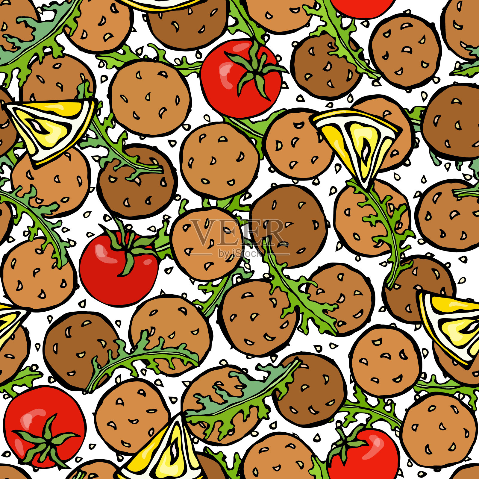 沙拉三明治和芝麻籽，柠檬，番茄，芝麻菜无缝无尽的背景。阿拉伯，以色列，素食，健康快餐。犹太人的街头食品。现实手绘插图。Savoyar涂鸦风格插画图片素材