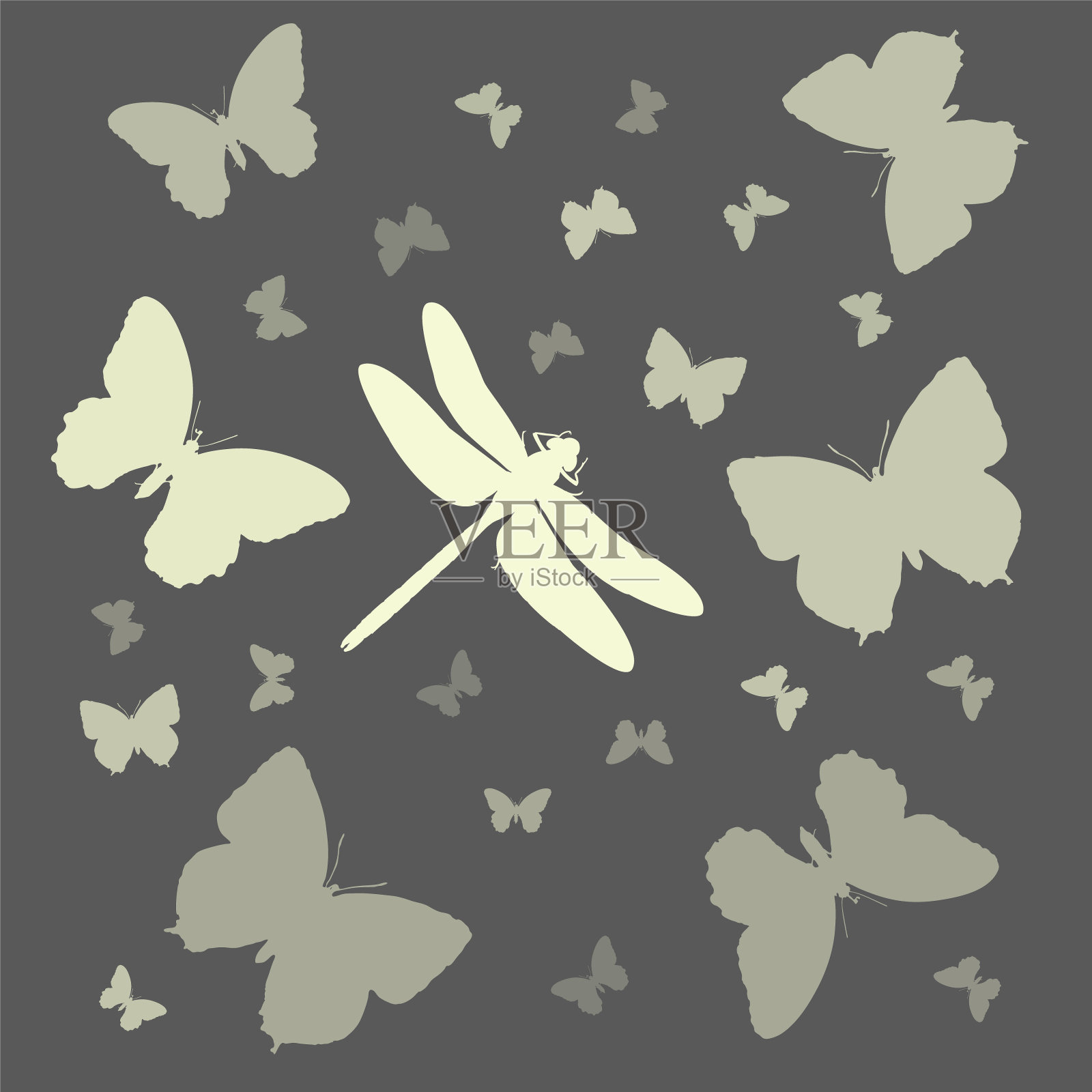 昆虫的剪影-蝴蝶和蜻蜓插画图片素材