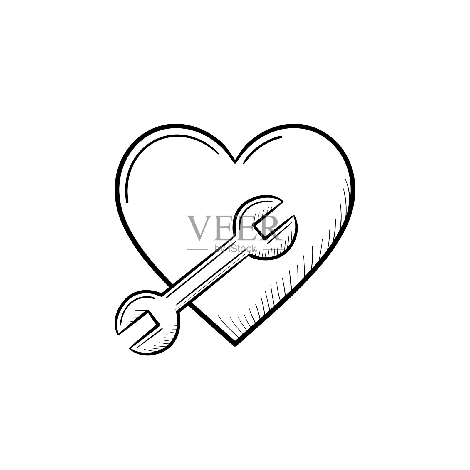 一个心形符号与一个扳手手绘轮廓涂鸦图标插画图片素材