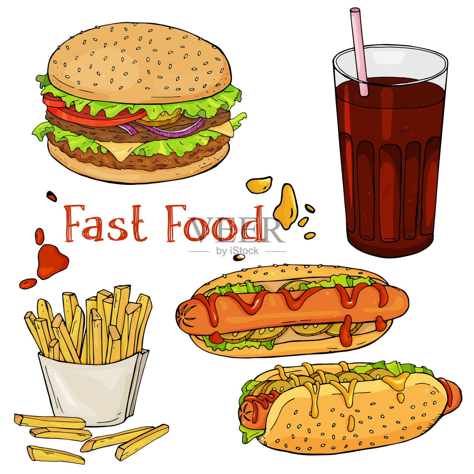 一套手绘快餐。吃快餐当菜单，做广告或包装。草图。矢量设计插画图片素材