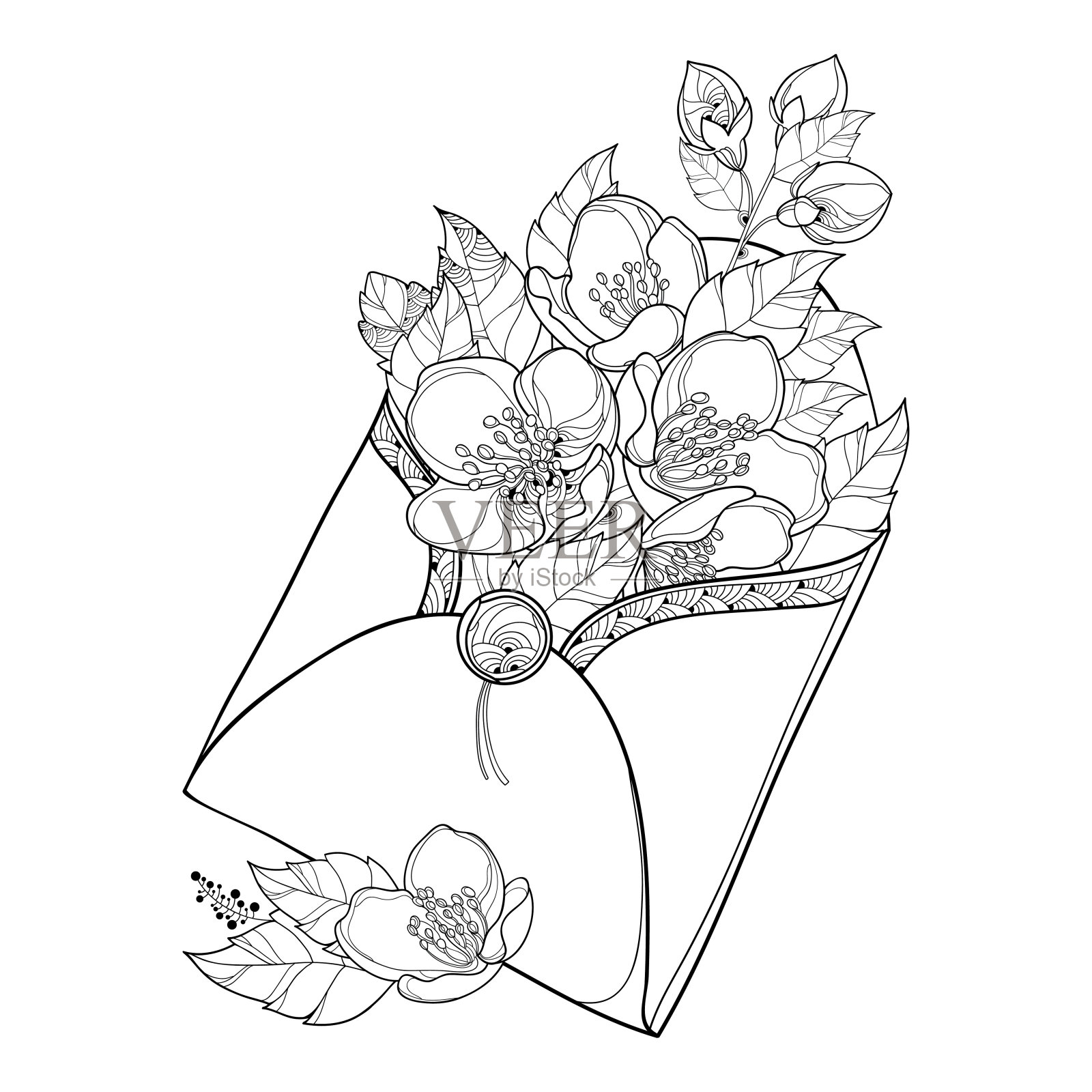 矢量花束与轮廓茉莉花束，芽和华丽的叶在开放的工艺信封孤立在白色的背景黑色。设计元素图片