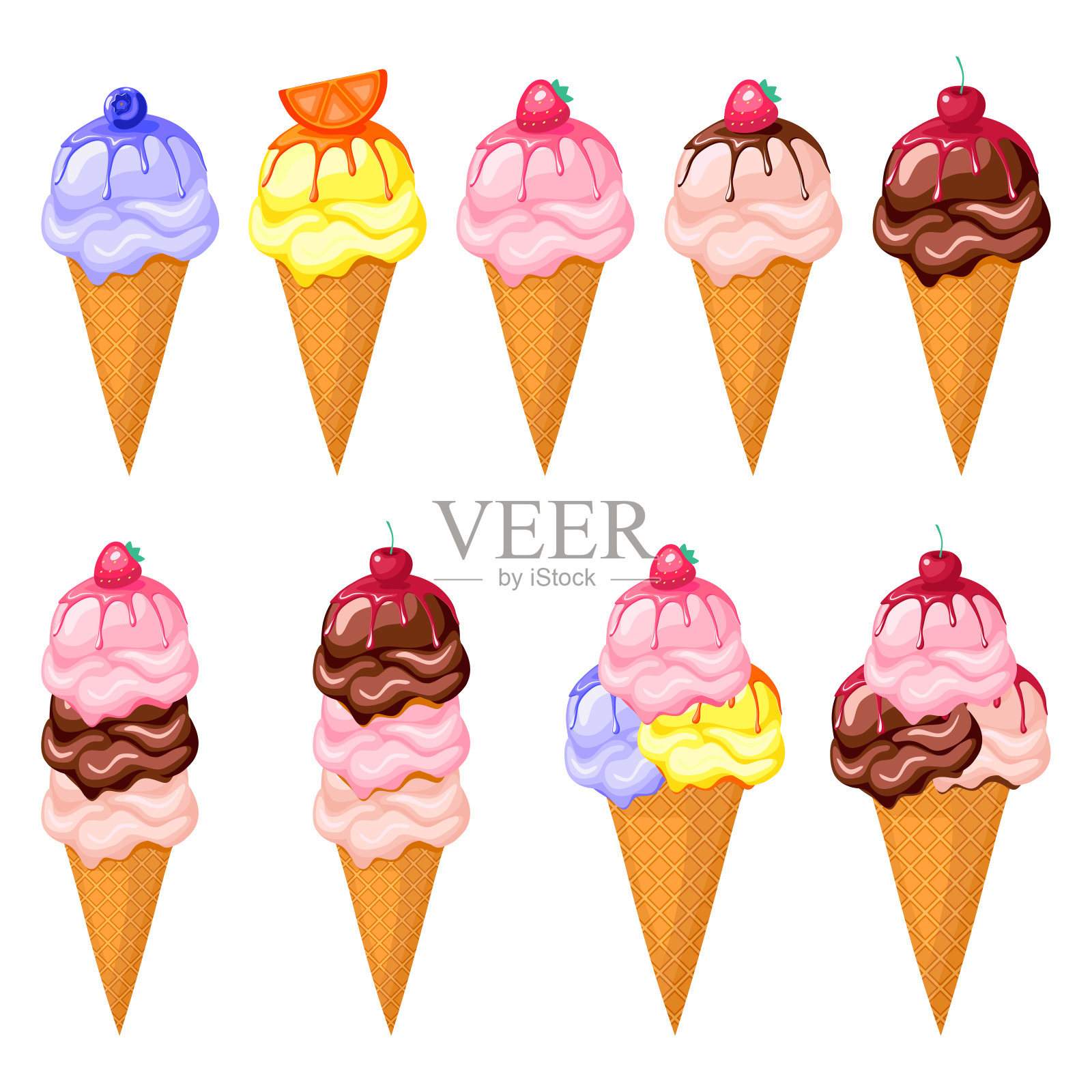 多色水果冰淇淋设置在白色背景设计元素图片