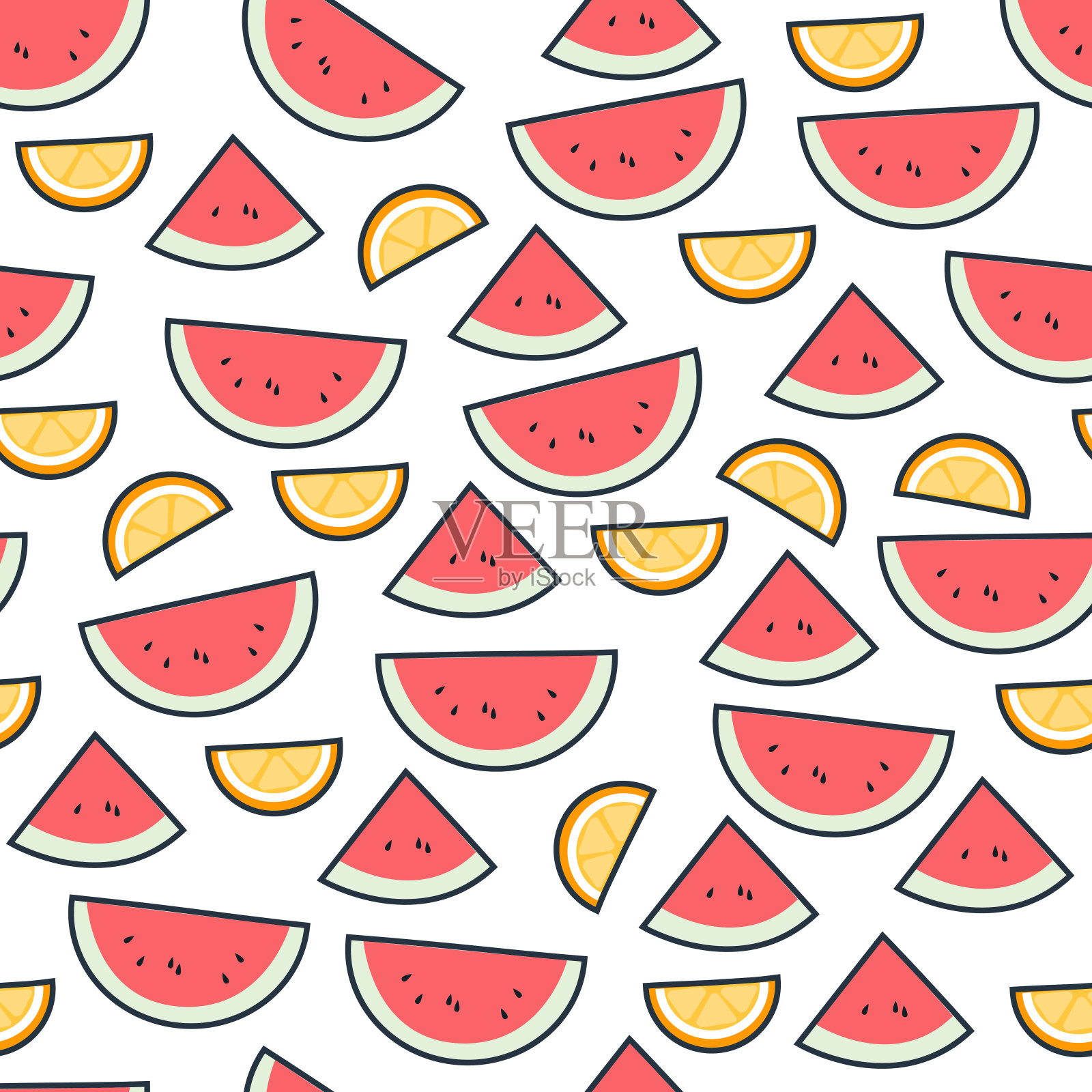西瓜上白色的水果图案。明亮美丽的柑橘无缝背景。平面矢量图插画图片素材
