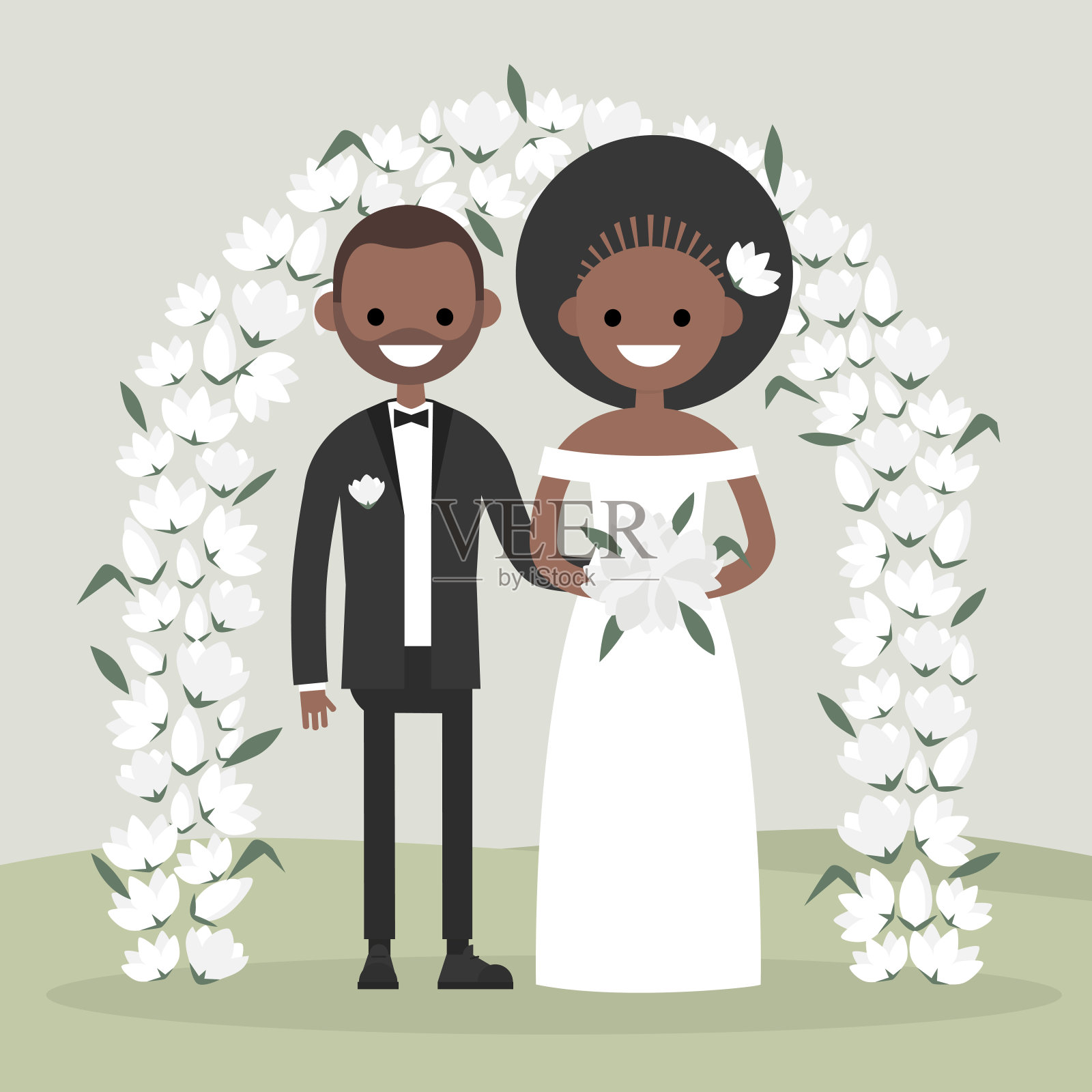 一对新婚夫妇站在花架后面。新娘和新郎。新家庭。优雅的花园婚礼。平面矢量插图，剪辑艺术插画图片素材