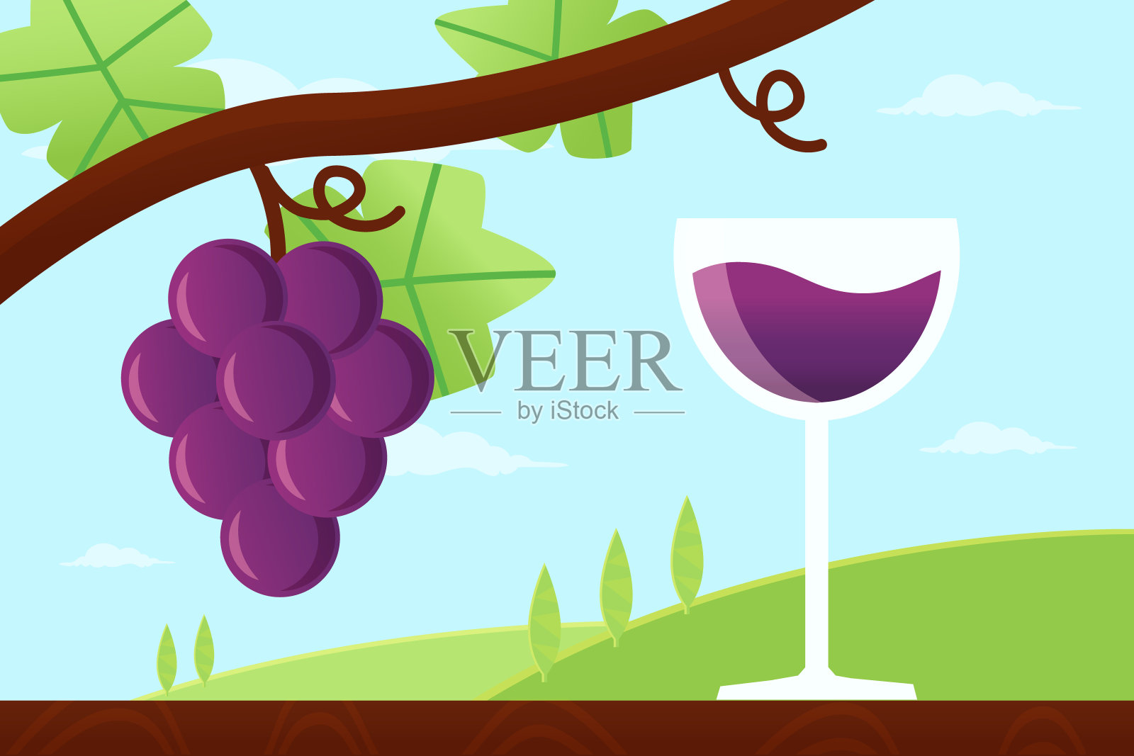 葡萄和酒杯插画图片素材