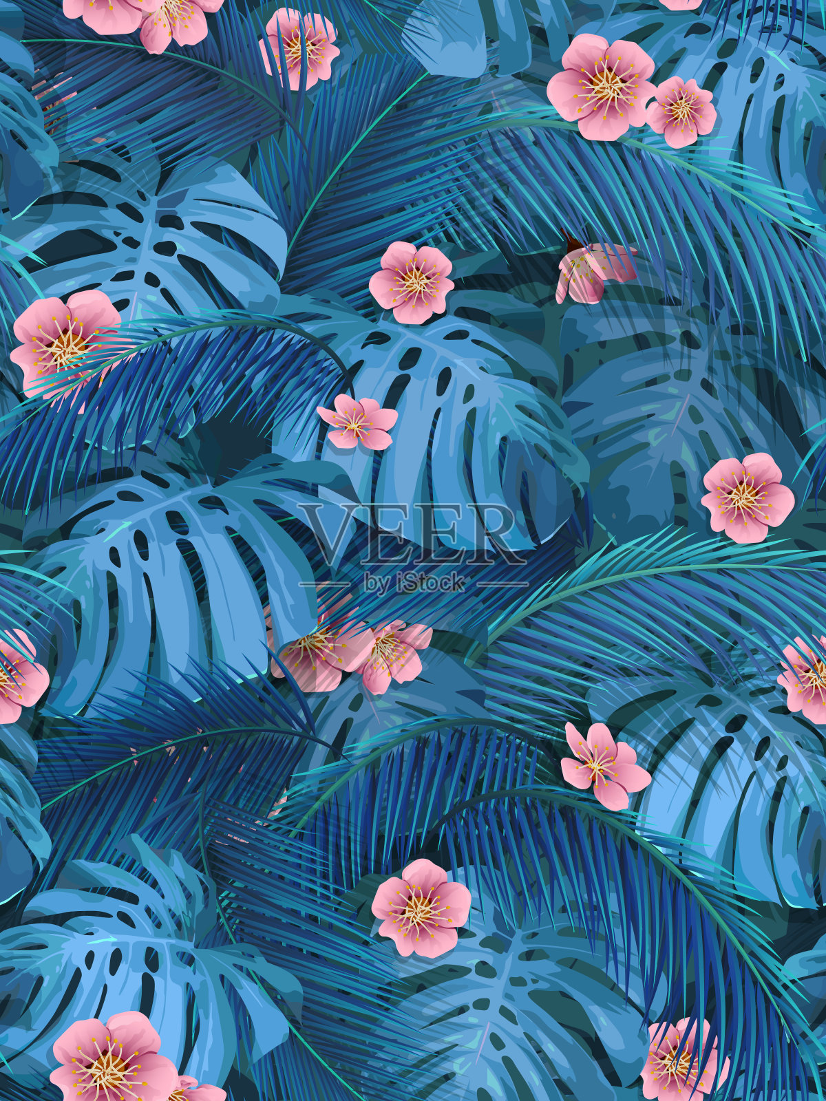 无缝背景的热带树叶在蓝色插画图片素材