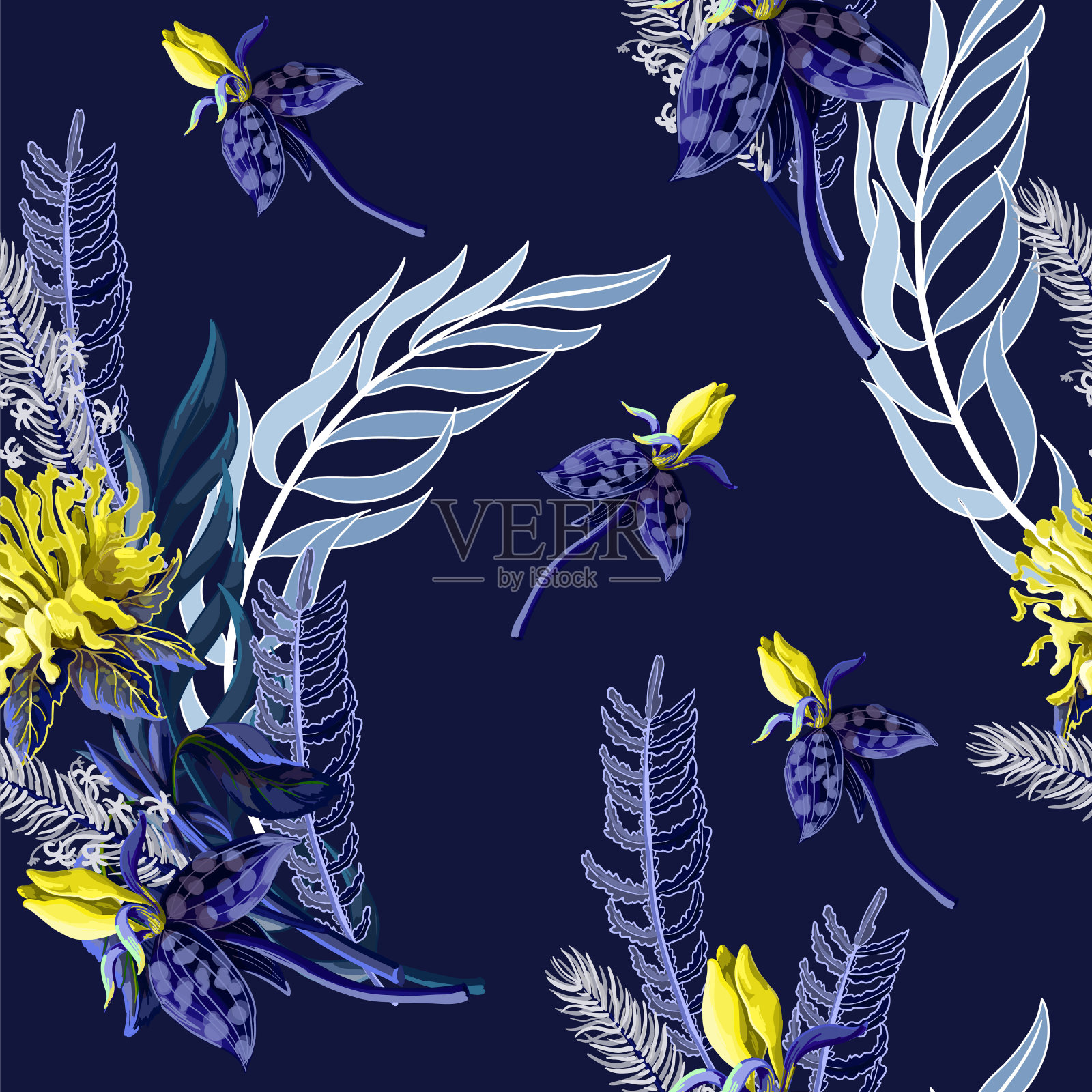 蓝色热带花卉无缝图案。矢量插图。插画图片素材