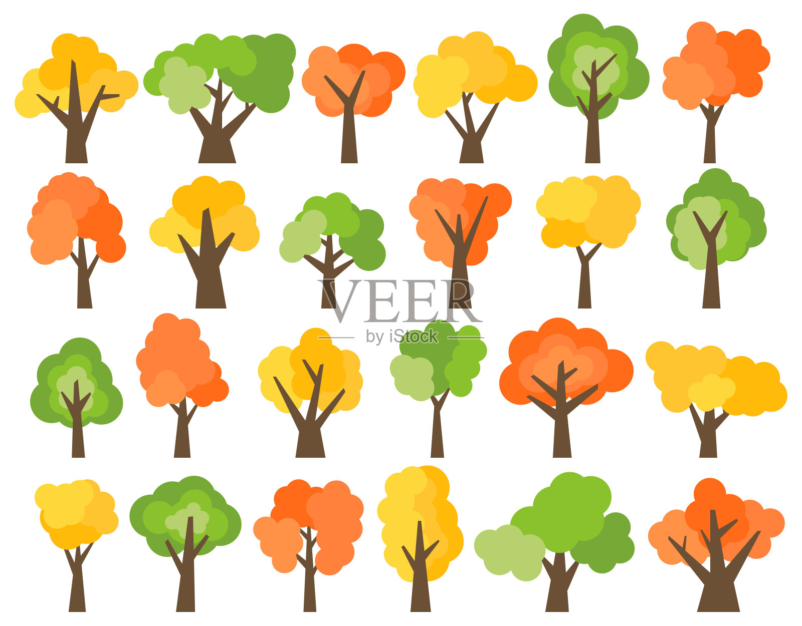 一组24棵绿色，黄色和红色的树插画图片素材