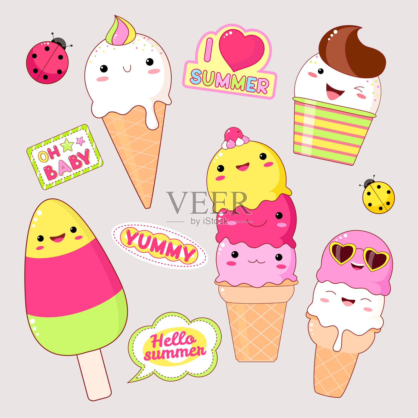 一套可爱的冰淇淋贴纸在卡哇伊风格插画图片素材