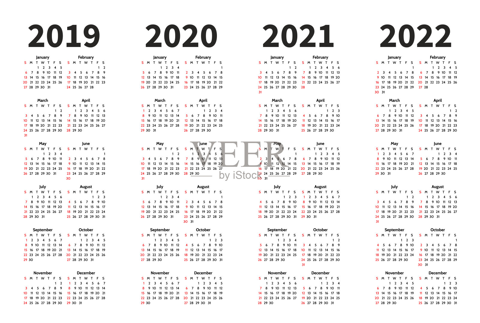 日历2019年，2020年，2021年和2022年矢量设计模板。简单minimalizm风格。一周从星期天开始。肖像取向。一套12个月设计模板素材