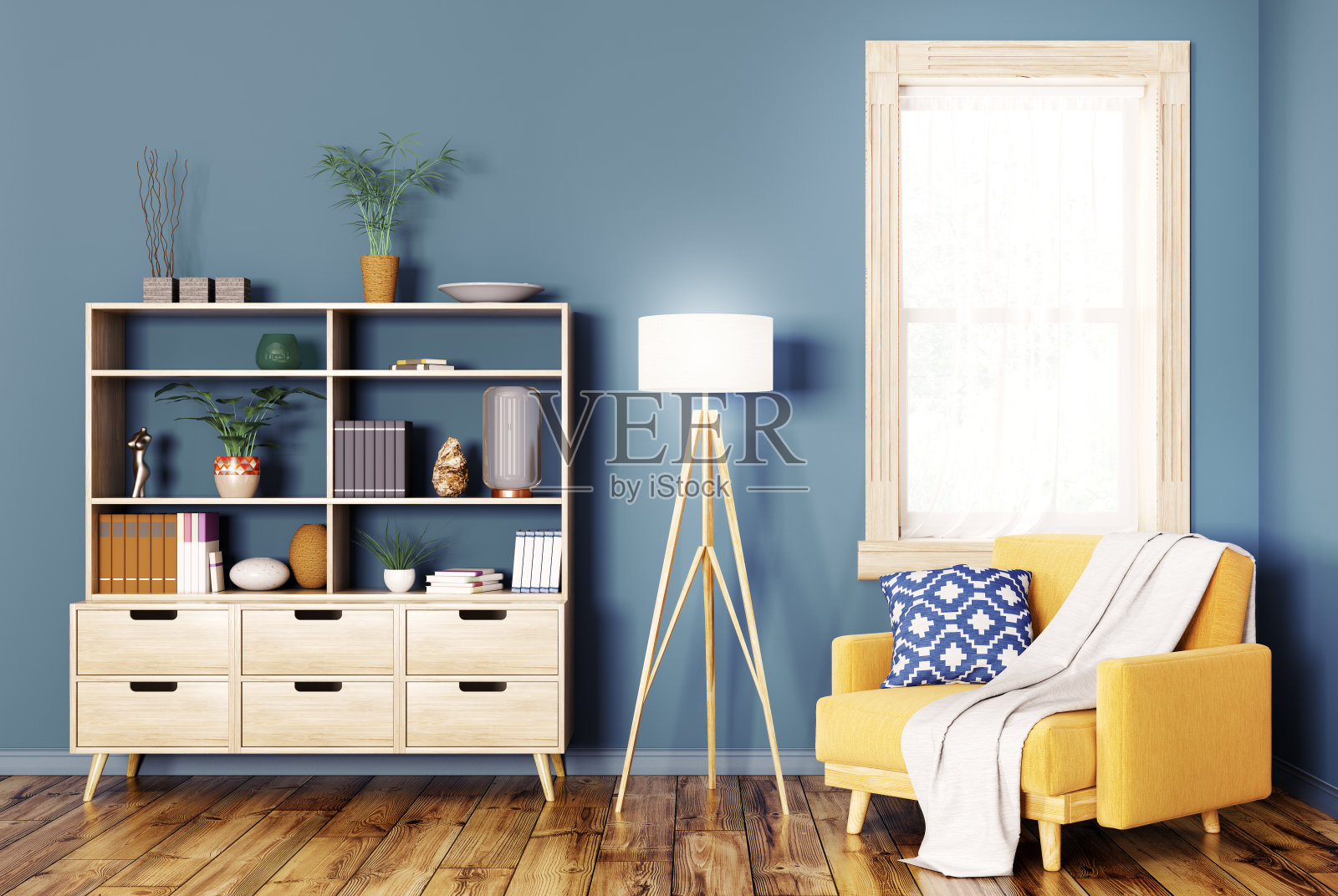 室内木制橱柜和扶手椅3d渲染照片摄影图片