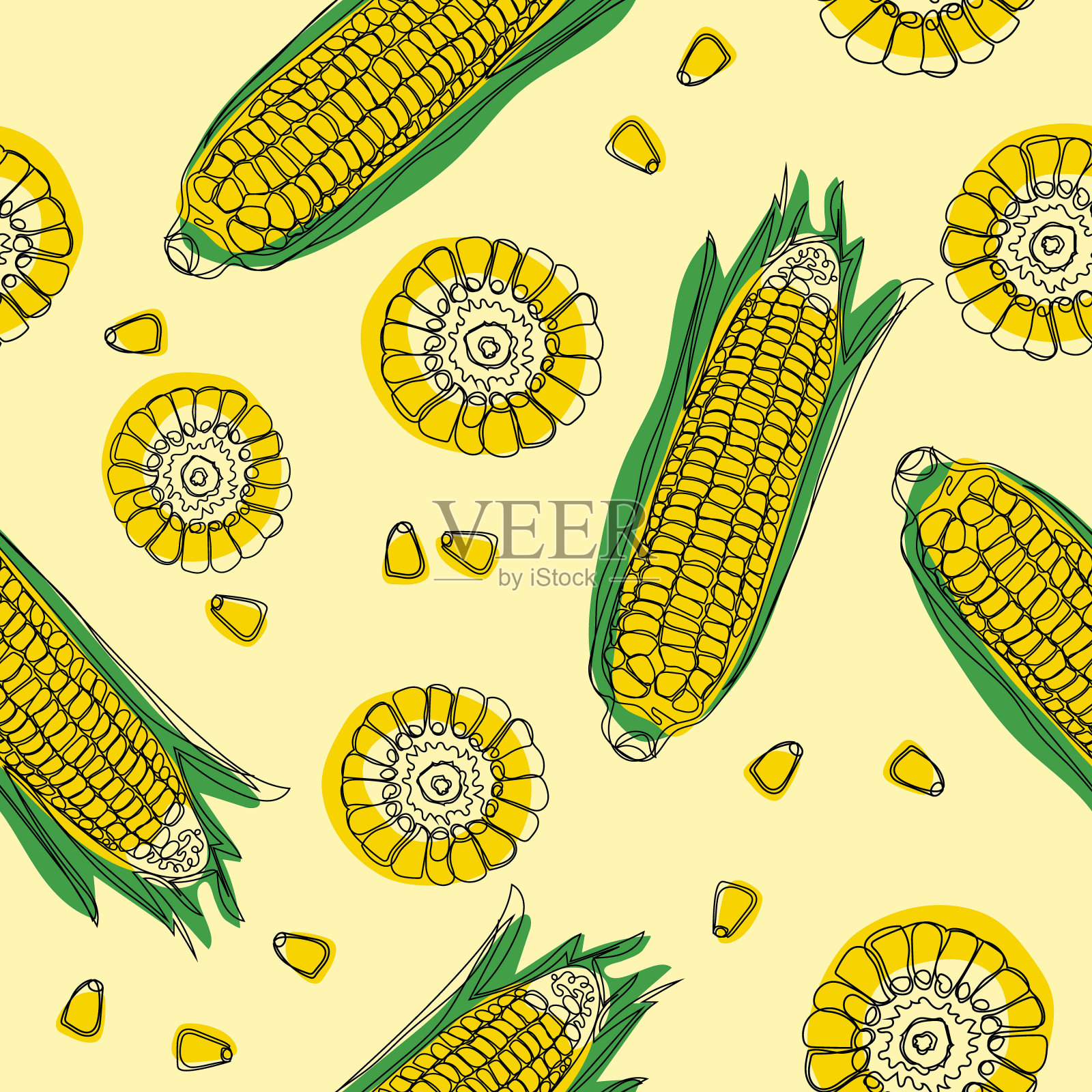 黄色的玉米芯与绿色的叶子无缝图案。成熟的玉米蔬菜。插画图片素材