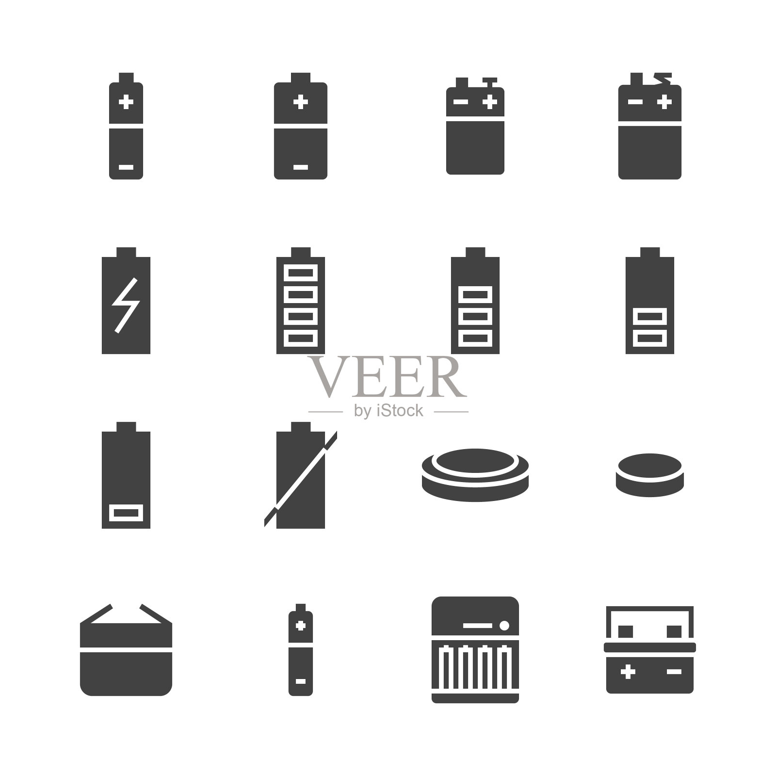 电池扁平字形图标。电池品种说明- aa，碱性，锂，汽车蓄电池，充电器，充满电。电器商店的标志。固体轮廓像素完美48x48图标素材