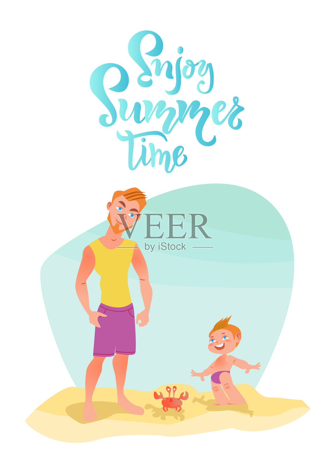 海滩上的家庭角色。享受夏日时光，引用。快乐的时刻，时光，与家人共度的假期。矢量图插画图片素材