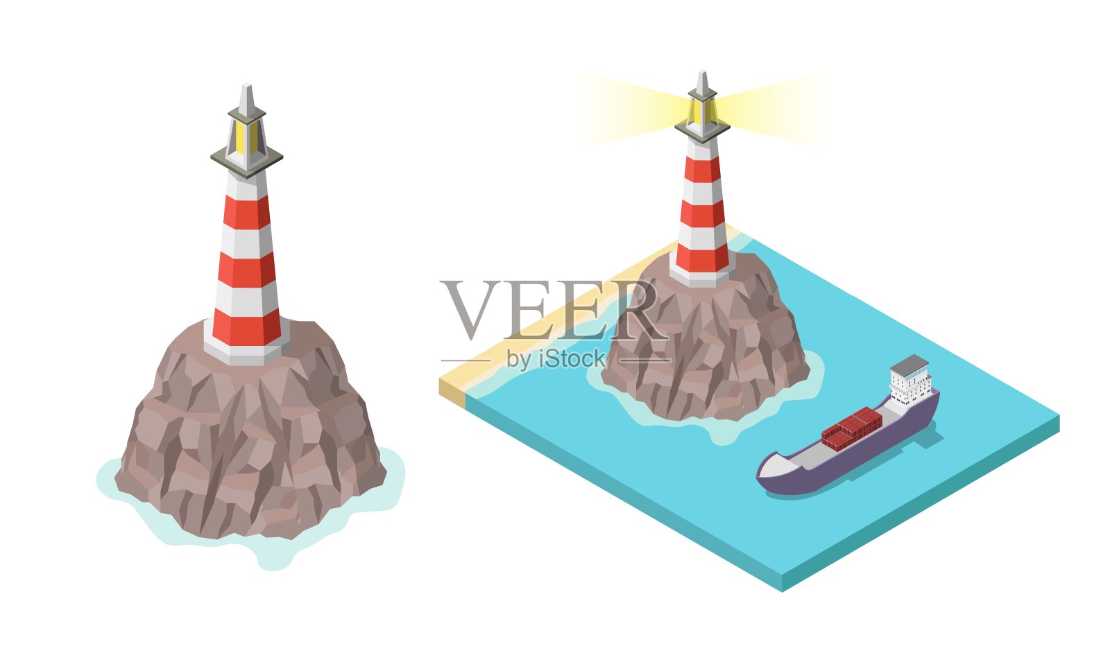 岩石和船矢量上的等距灯塔插画图片素材