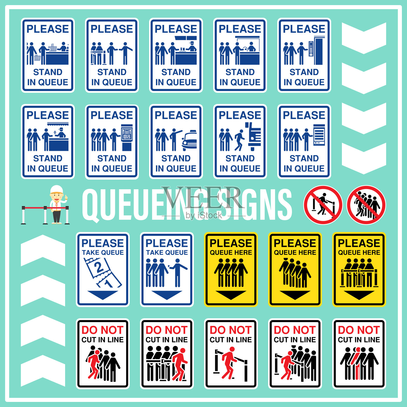 一组排队标志和符号，用来指示和提醒所有人排队的区域或区域。排队，排队，不要插队。插画图片素材