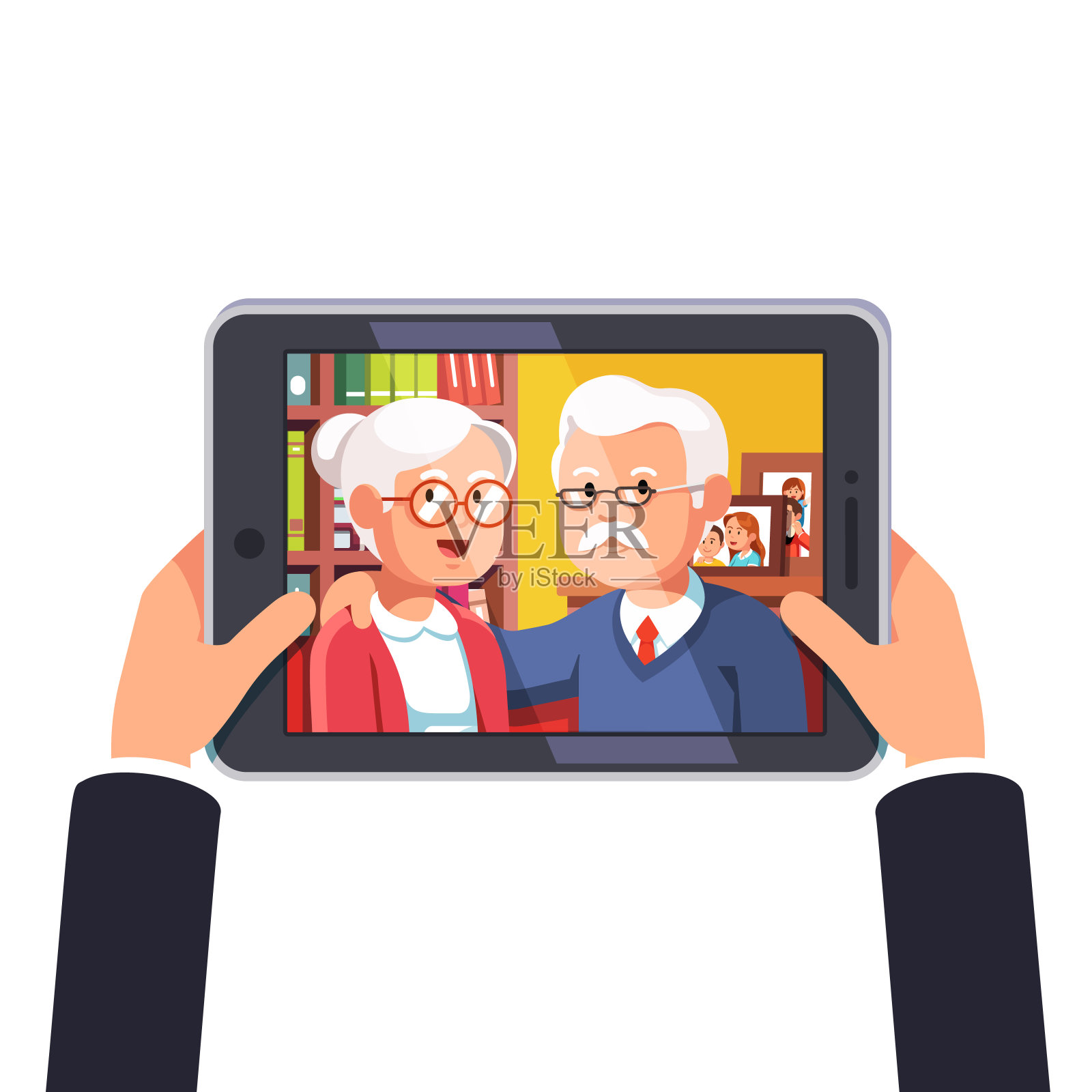 与年迈的父母或祖父母进行在线视频电话会议。手持平板电脑。平风格向量插画图片素材