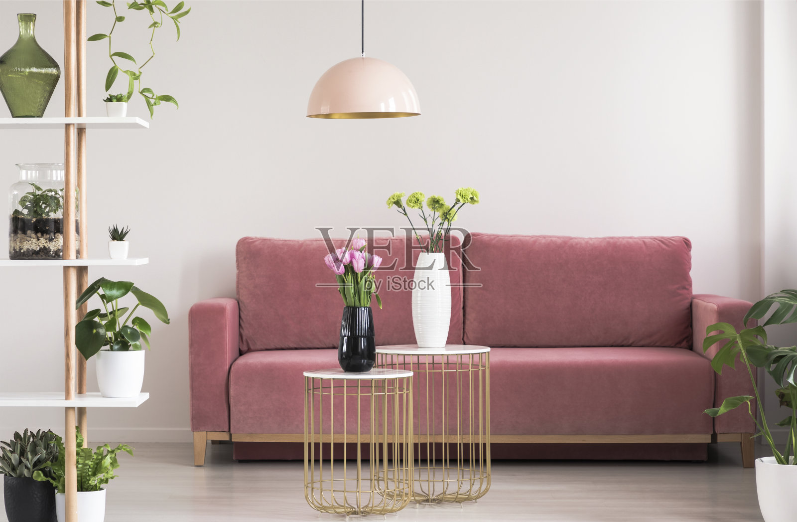 真实的照片，一个女性的客厅内部与金色和大理石桌子与鲜花站在一个舒适的粉红色沙发前照片摄影图片