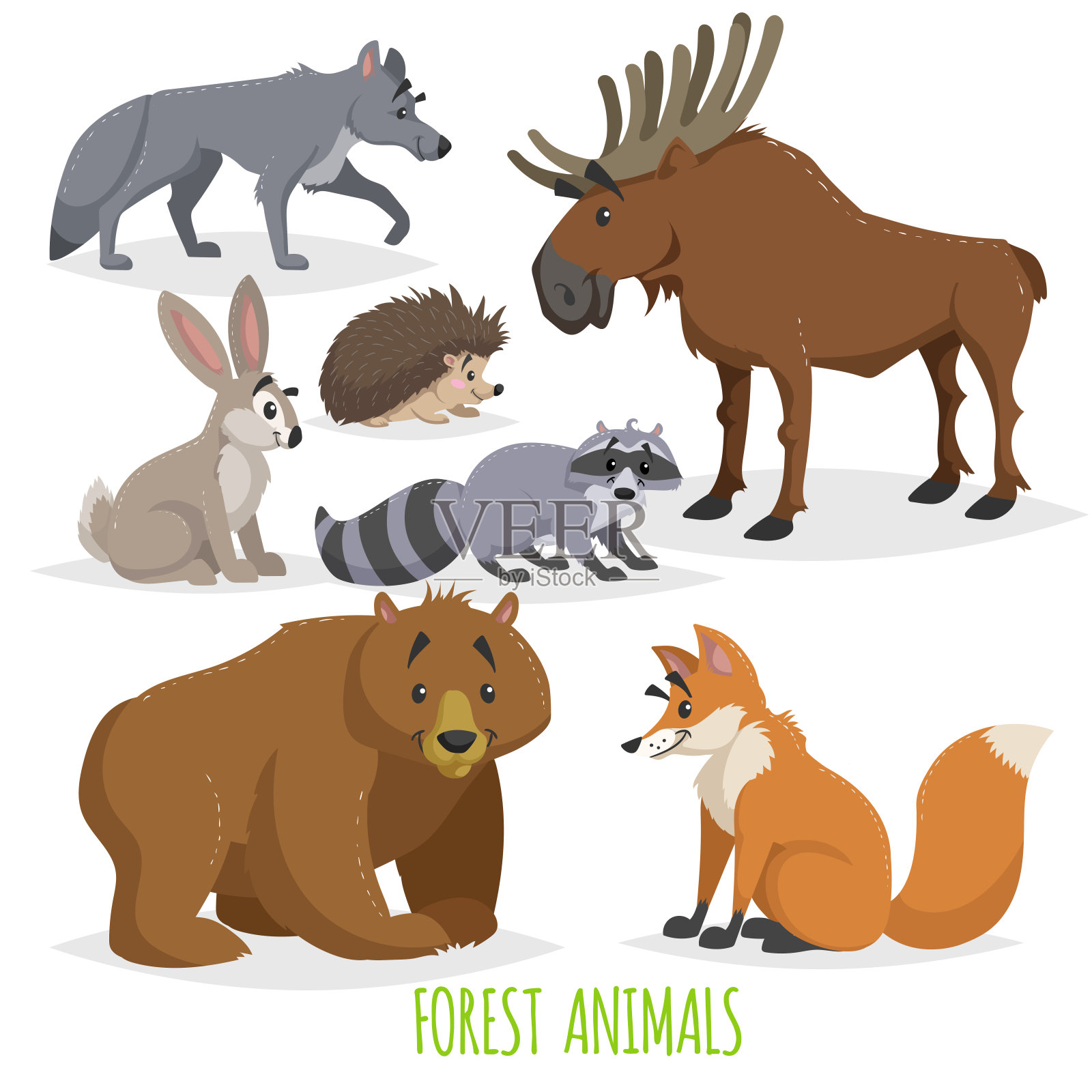 卡通森林动物设置。狼，刺猬，驼鹿，野兔，浣熊，熊和狐狸。有趣的漫画生物收藏。向量教育插图。插画图片素材