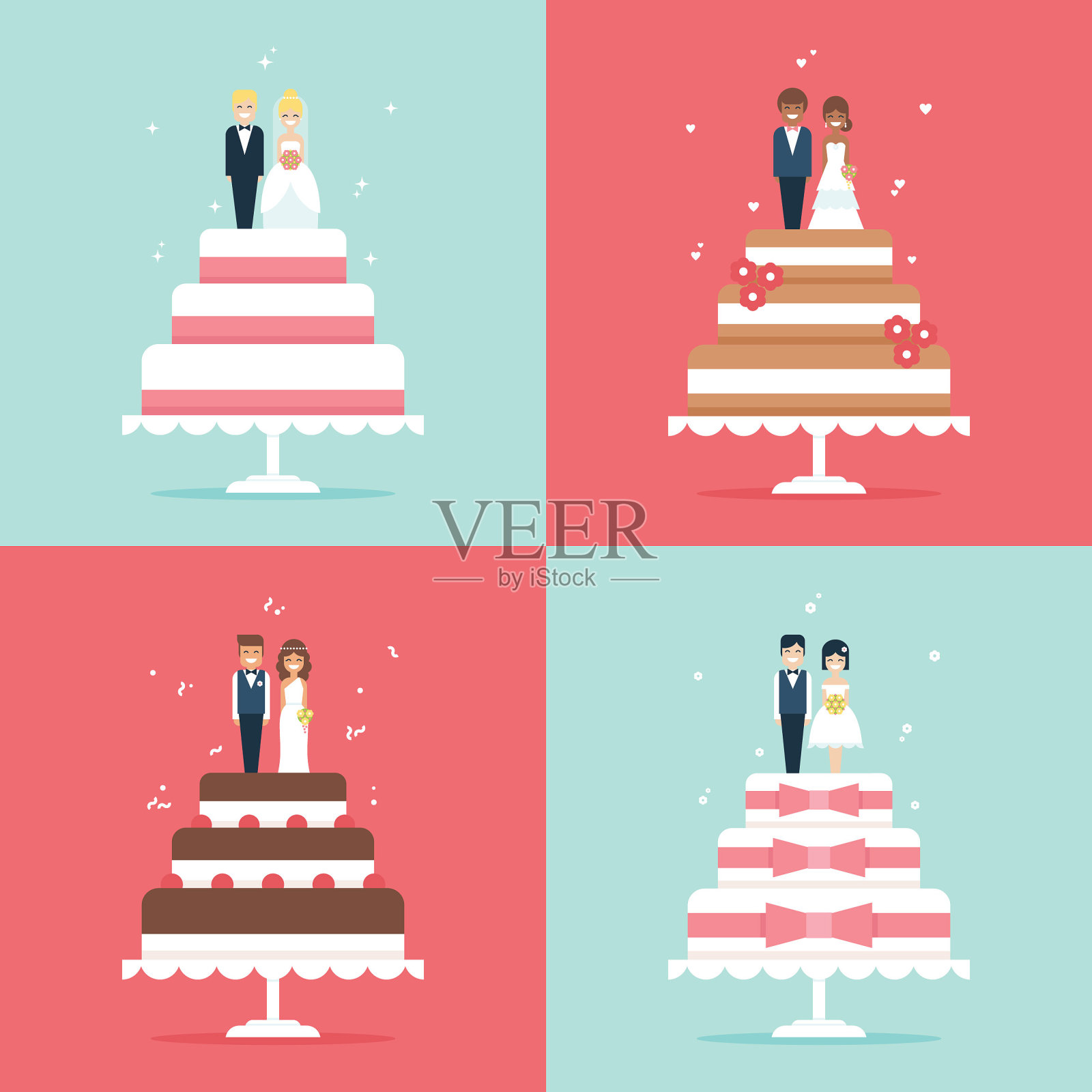 婚礼蛋糕与新娘和新郎toppers矢量图标设置插画图片素材