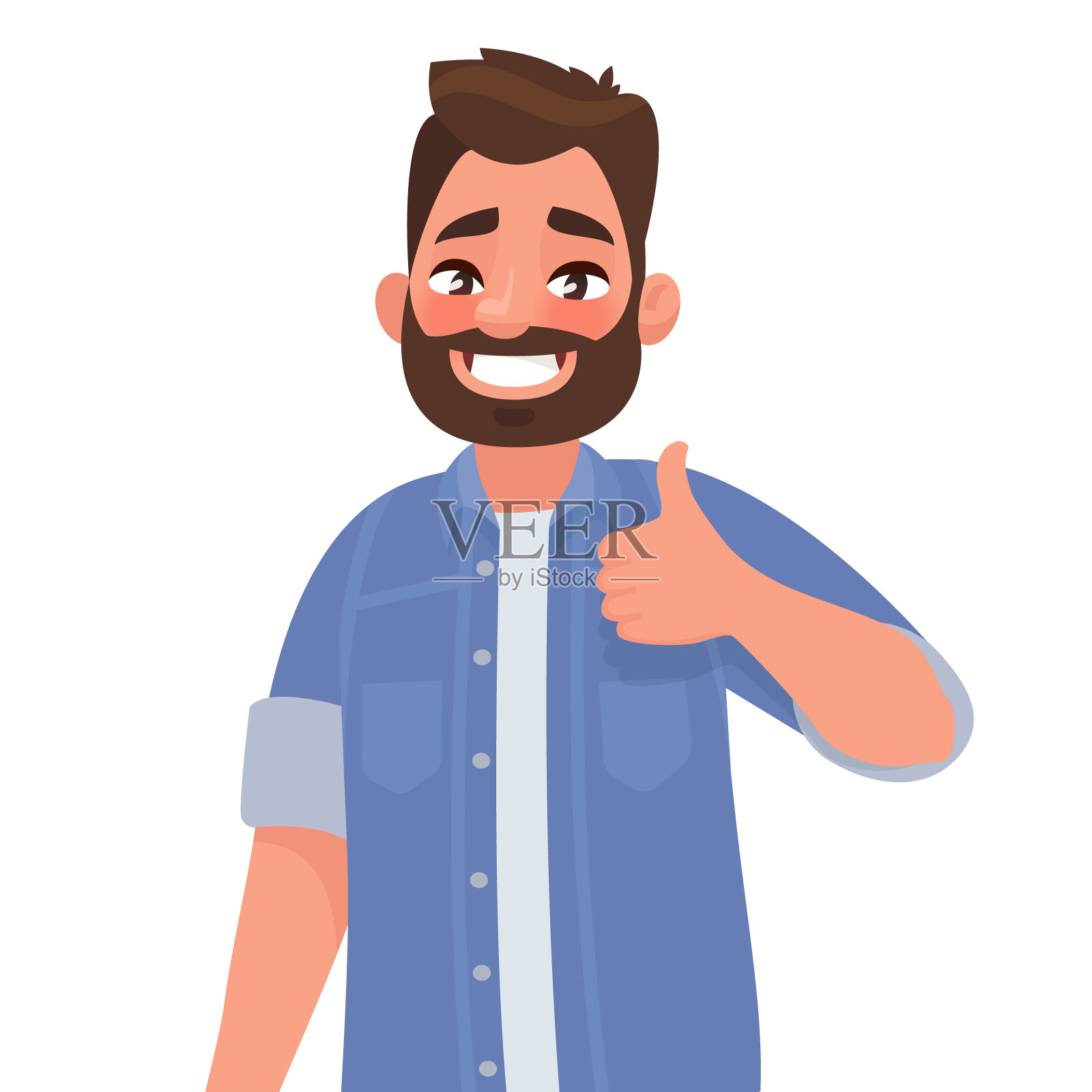 长着胡子的快乐男人竖起大拇指。姿势很酷。矢量插图卡通风格插画图片素材