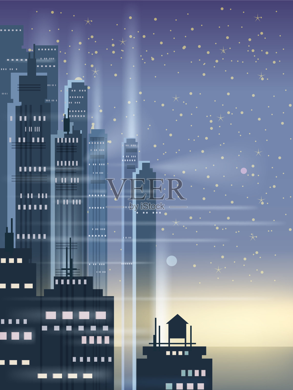 夜晚的城市，城市景象，摩天大楼，塔楼，星空，灯光，地平线，透视，背景，向量，孤立插画图片素材
