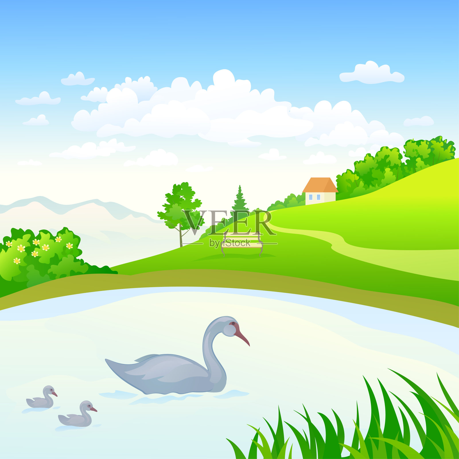 湖与天鹅插画图片素材