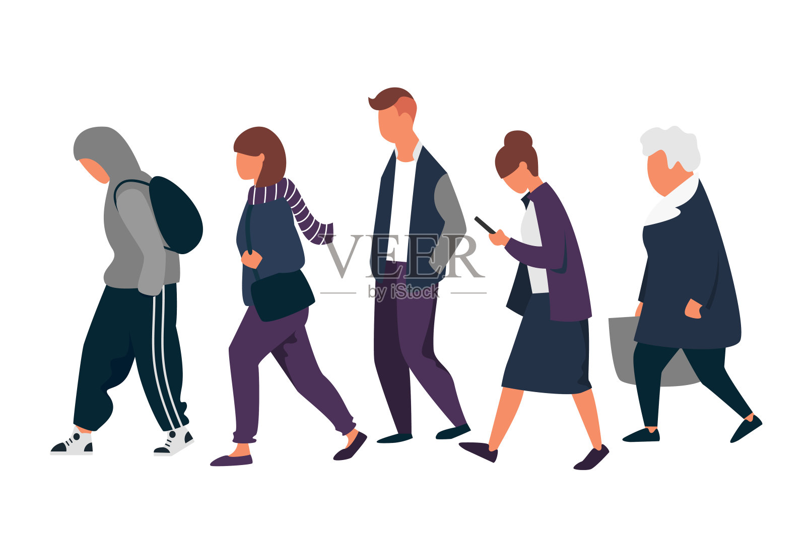 男人和女人的性格。一群穿着秋衣的人在散步。矢量图插画图片素材