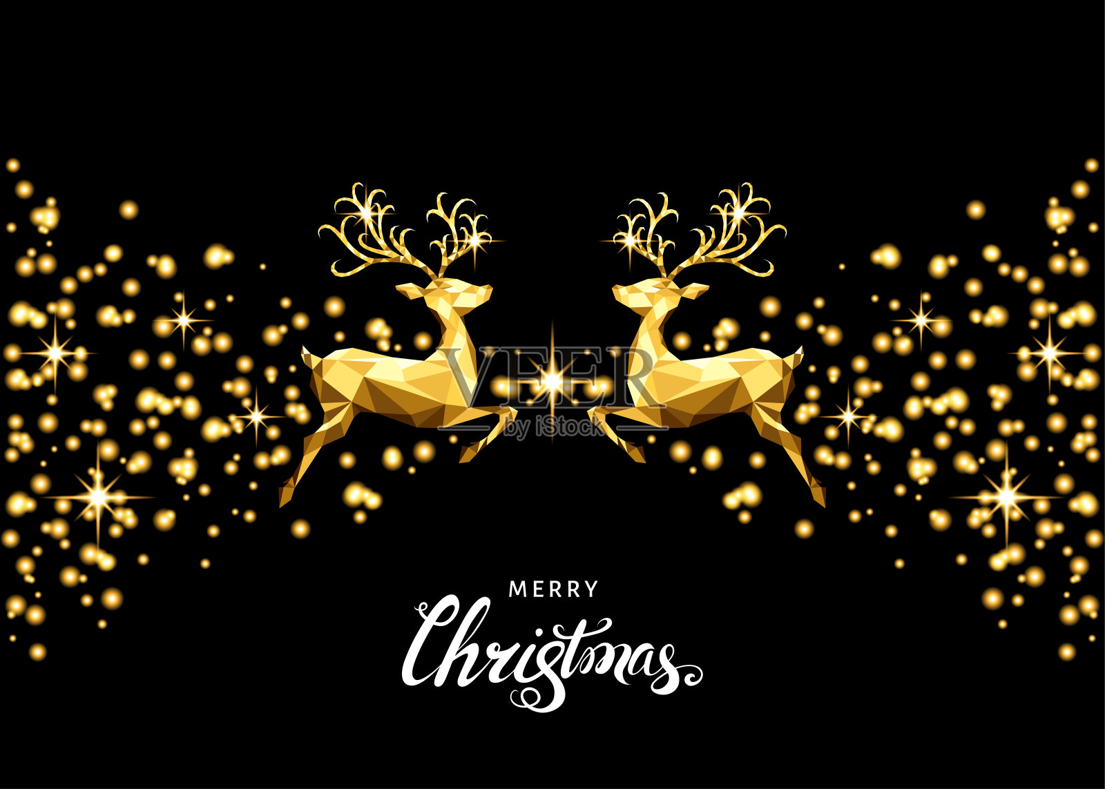 圣诞金色贺卡与驯鹿，闪耀和发光的星星。插画图片素材